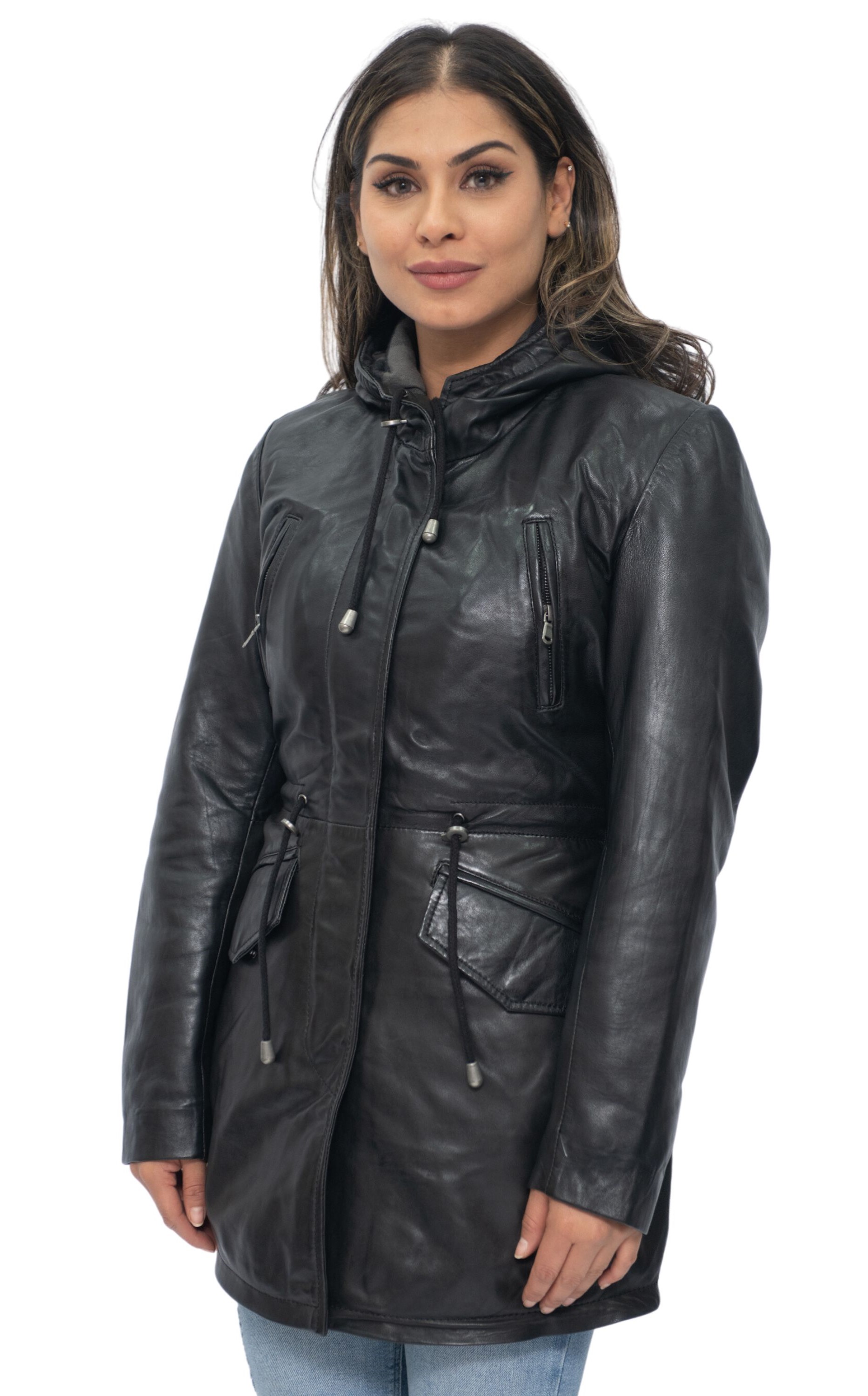 Infinity Leather Parkajacka med huva i läder för kvinnor-Bukarest dam – bild 2