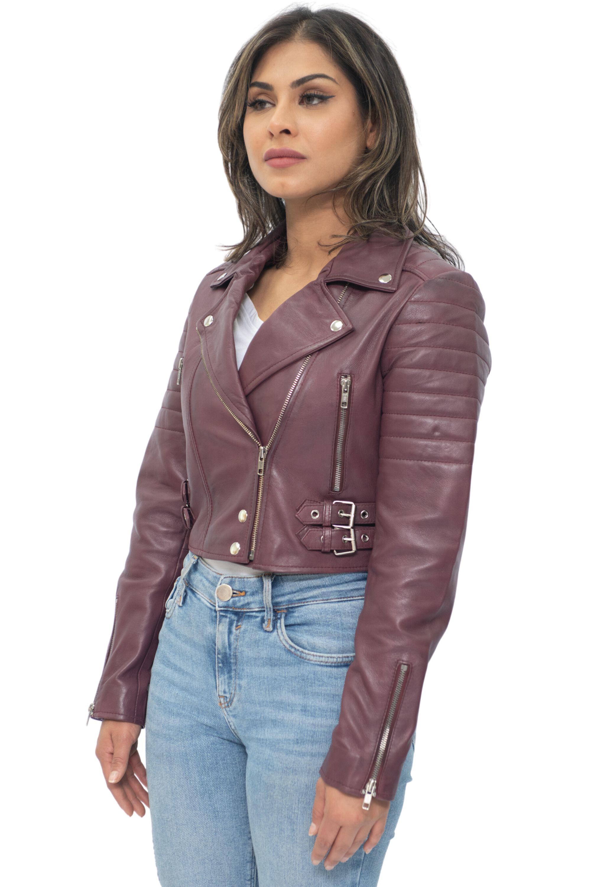 Infinity Leather Croppad Brando läderbikerjacka för kvinnor Damaskus – bild 2
