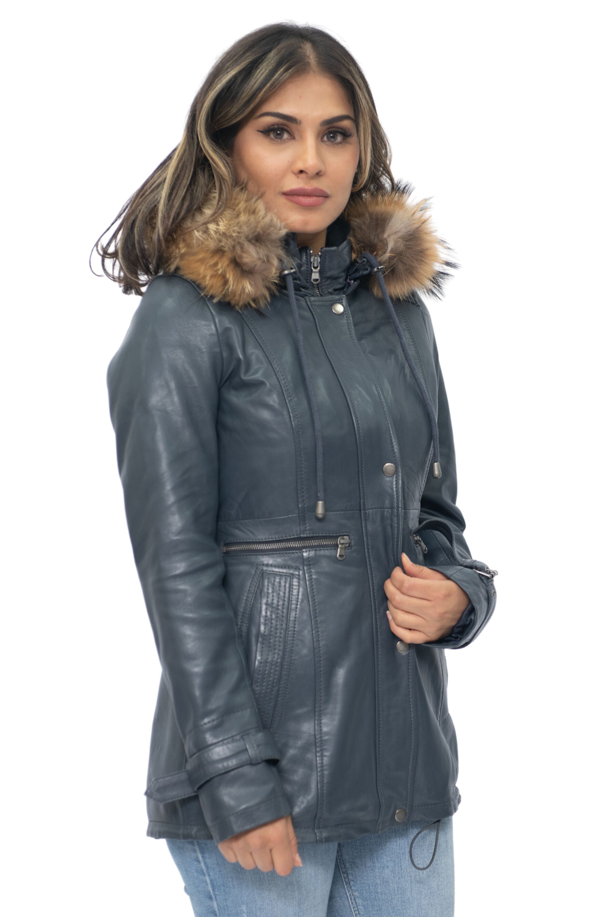 Infinity Leather Parkajacka med huva i läder för kvinnor-Putian dam – bild 2