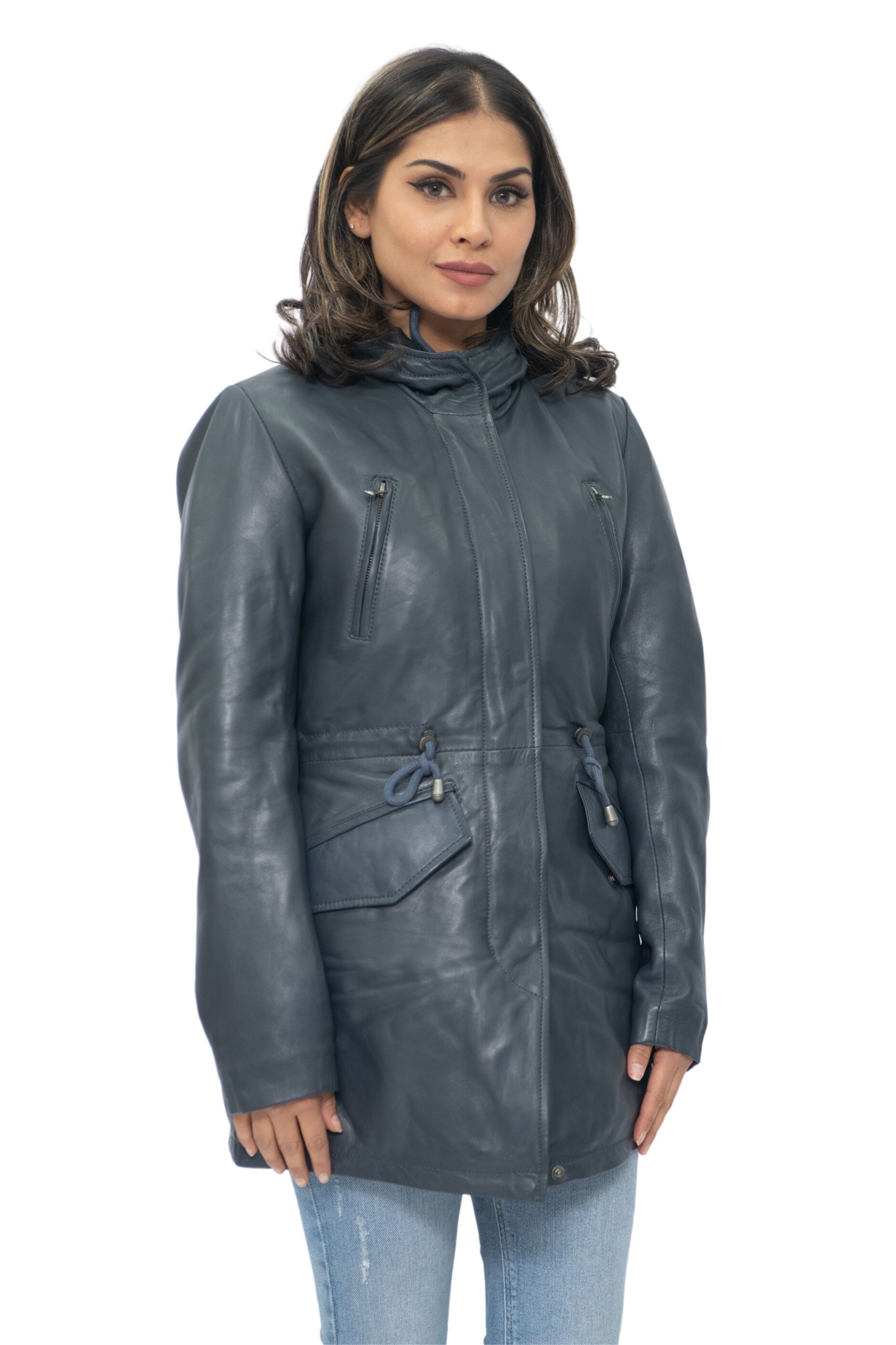 Infinity Leather Parkajacka med huva i läder för kvinnor-Bukarest dam – bild 2