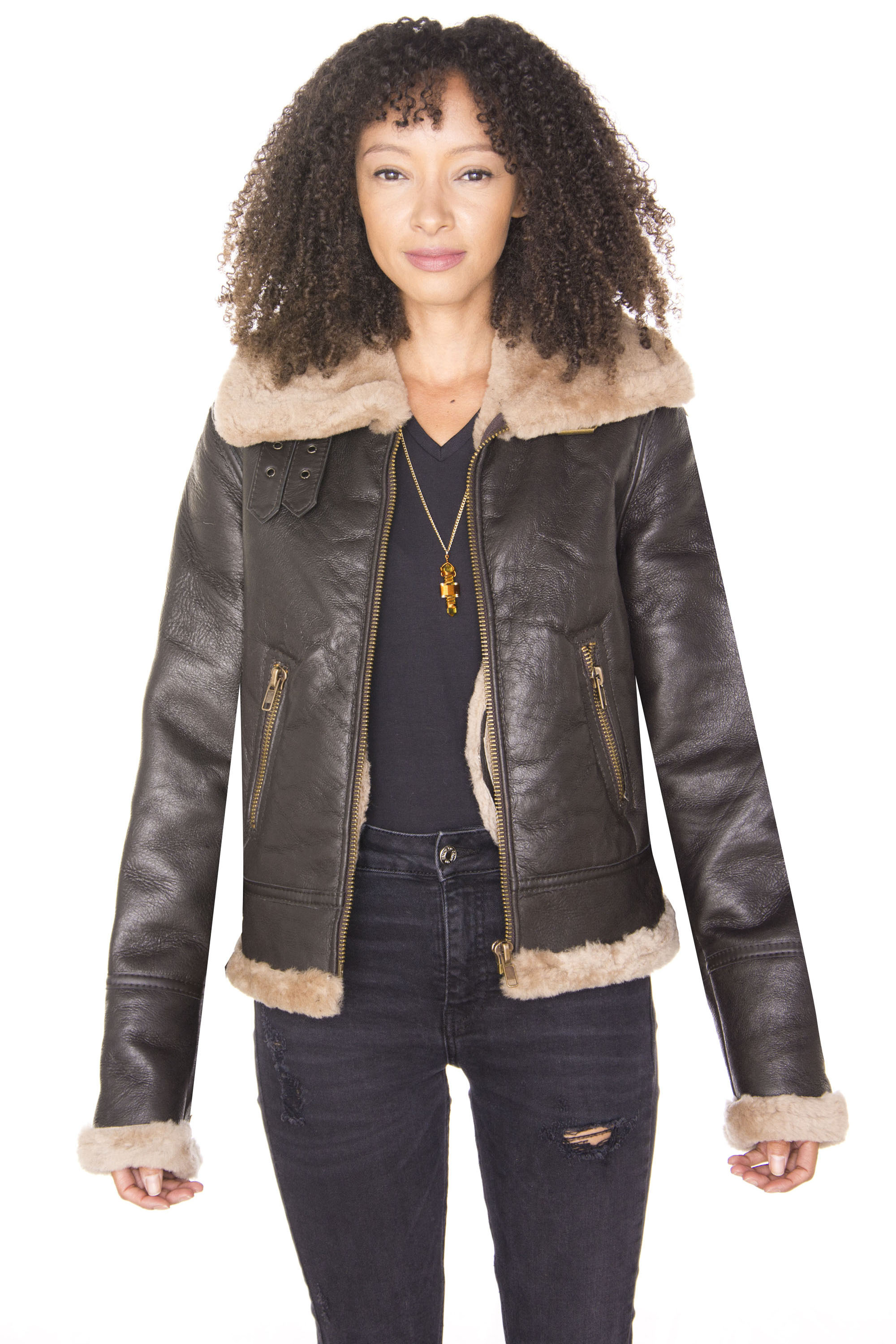 Infinity Leather Dam brun B3 fårskinn läder flygande jacka-Kayseri skinnjackor – bild 2