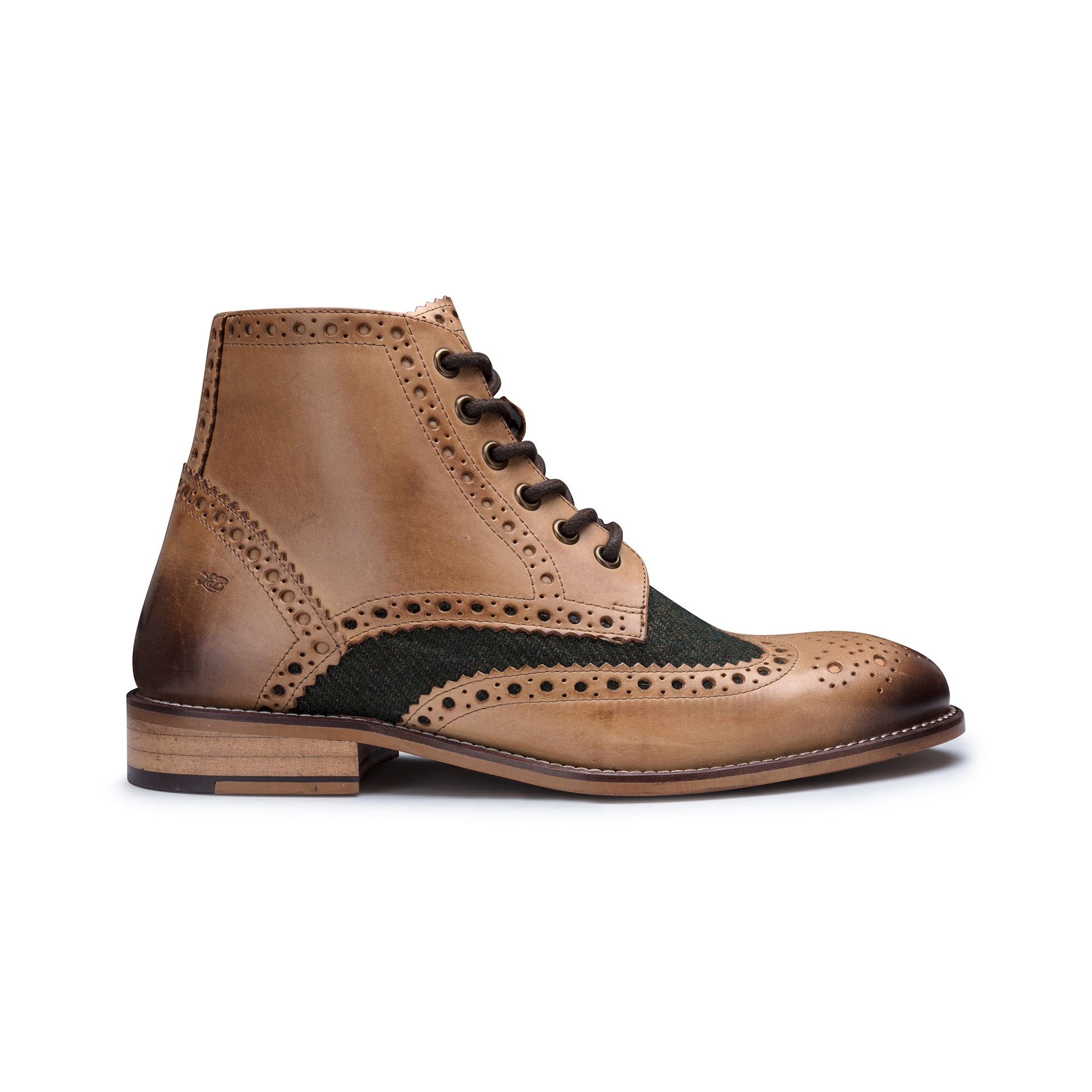 Klassische Herren-Gatsby-Brogue-Stiefeletten aus hellbraunem Oxford-Leder mit grünem Tweed
