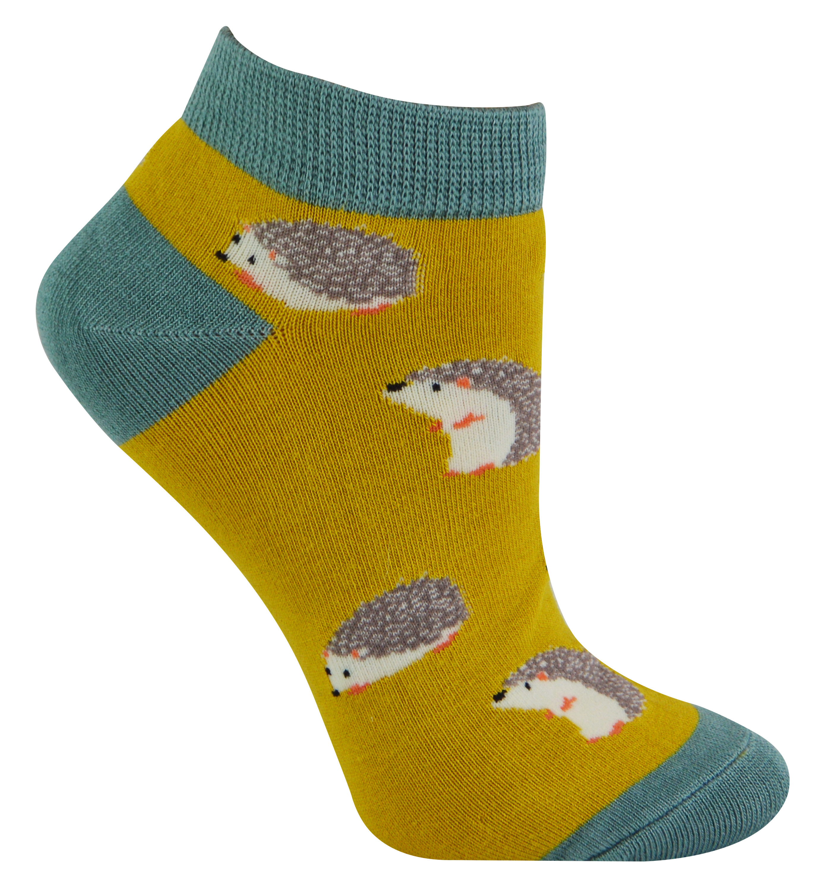 Thumbnail - Damen Bambus Trainer Socken | Miss Sparrow | Atmungsaktive Low Cut Socken für Frauen - Igel (Gelb)