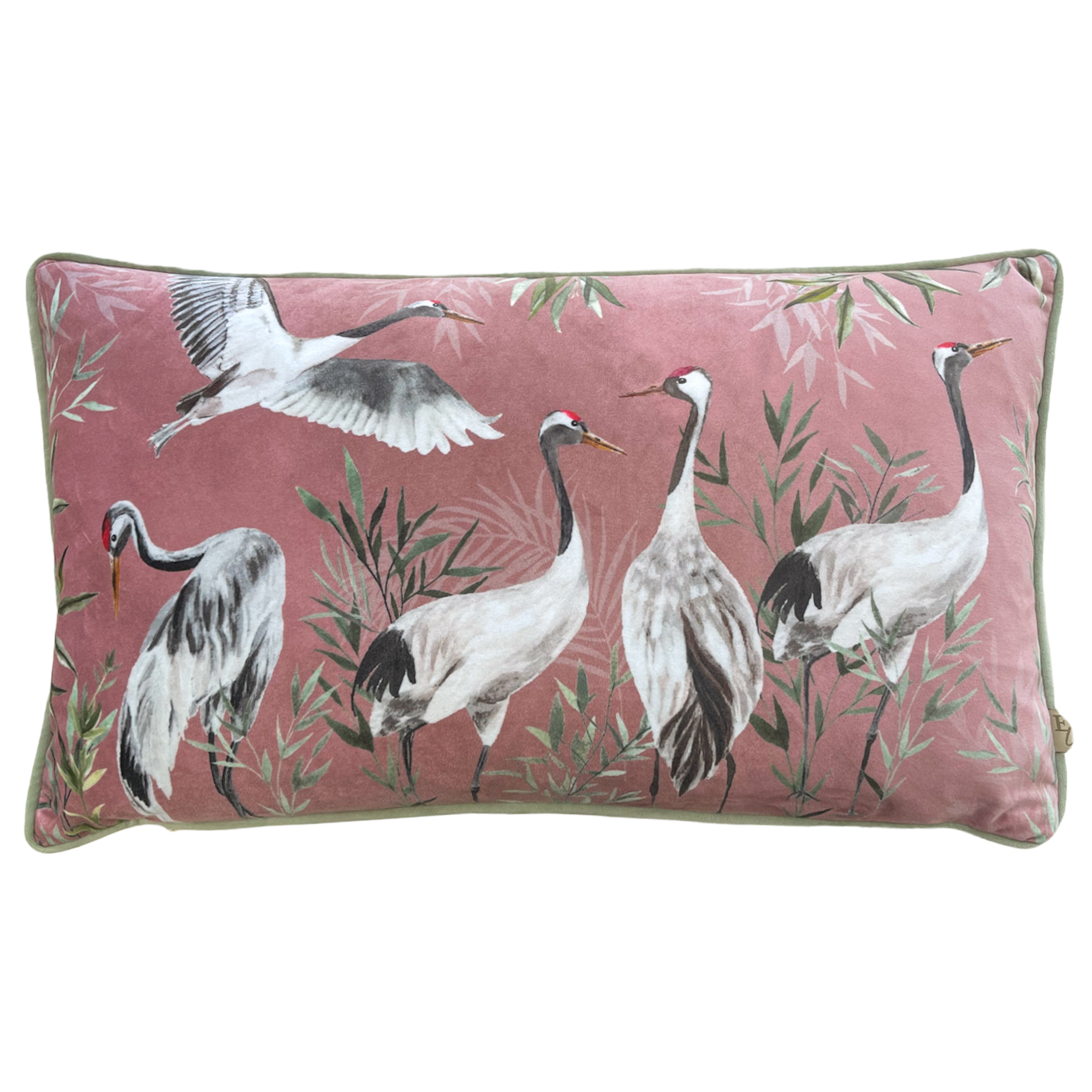 Wylder Tropics Orient Cranes Piped Velvet Feather Filled Cushion - Blush - One Size