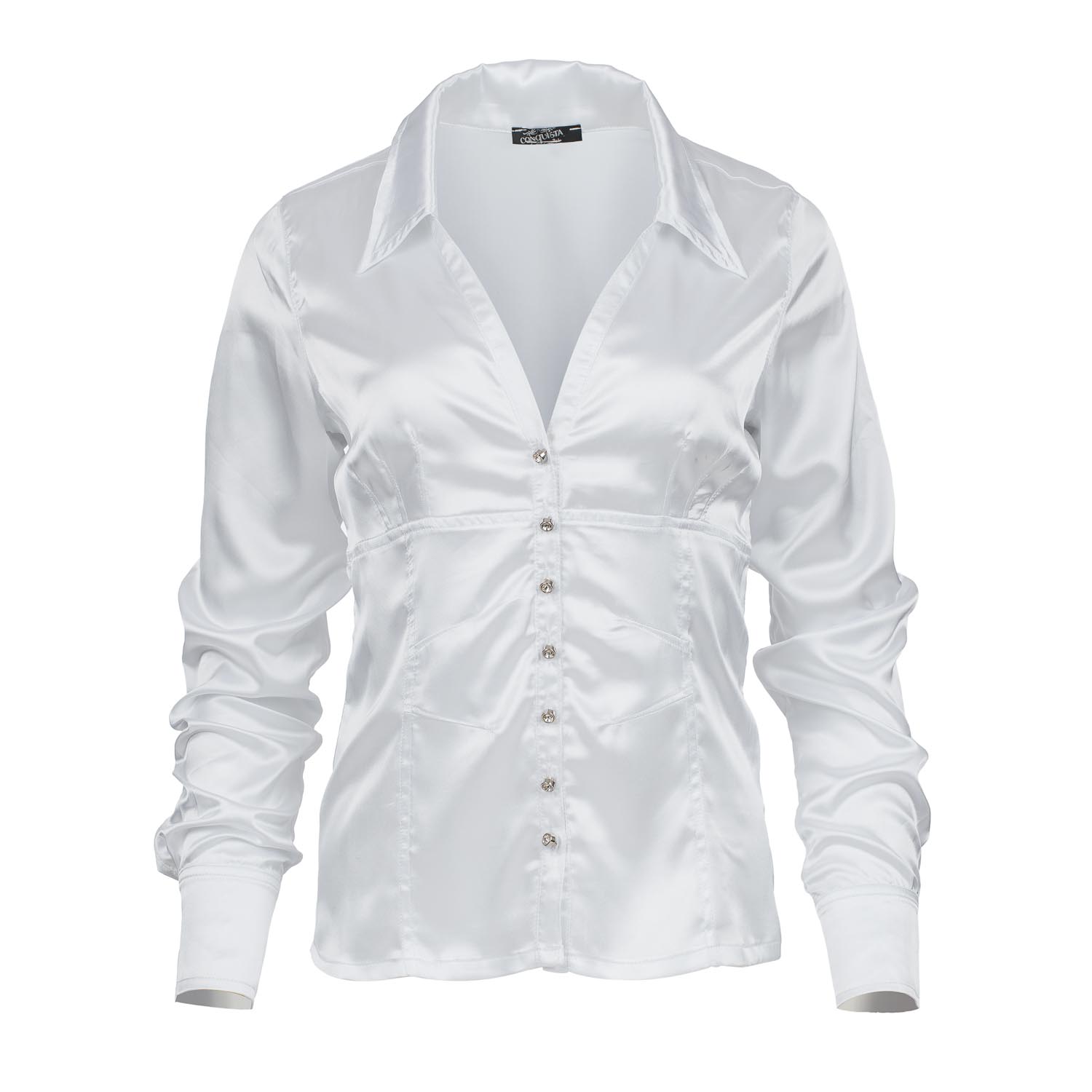 Thumbnail - Weiße Bluse mit Satin-Finish und Strassknöpfen – Figurbetont und elegant
