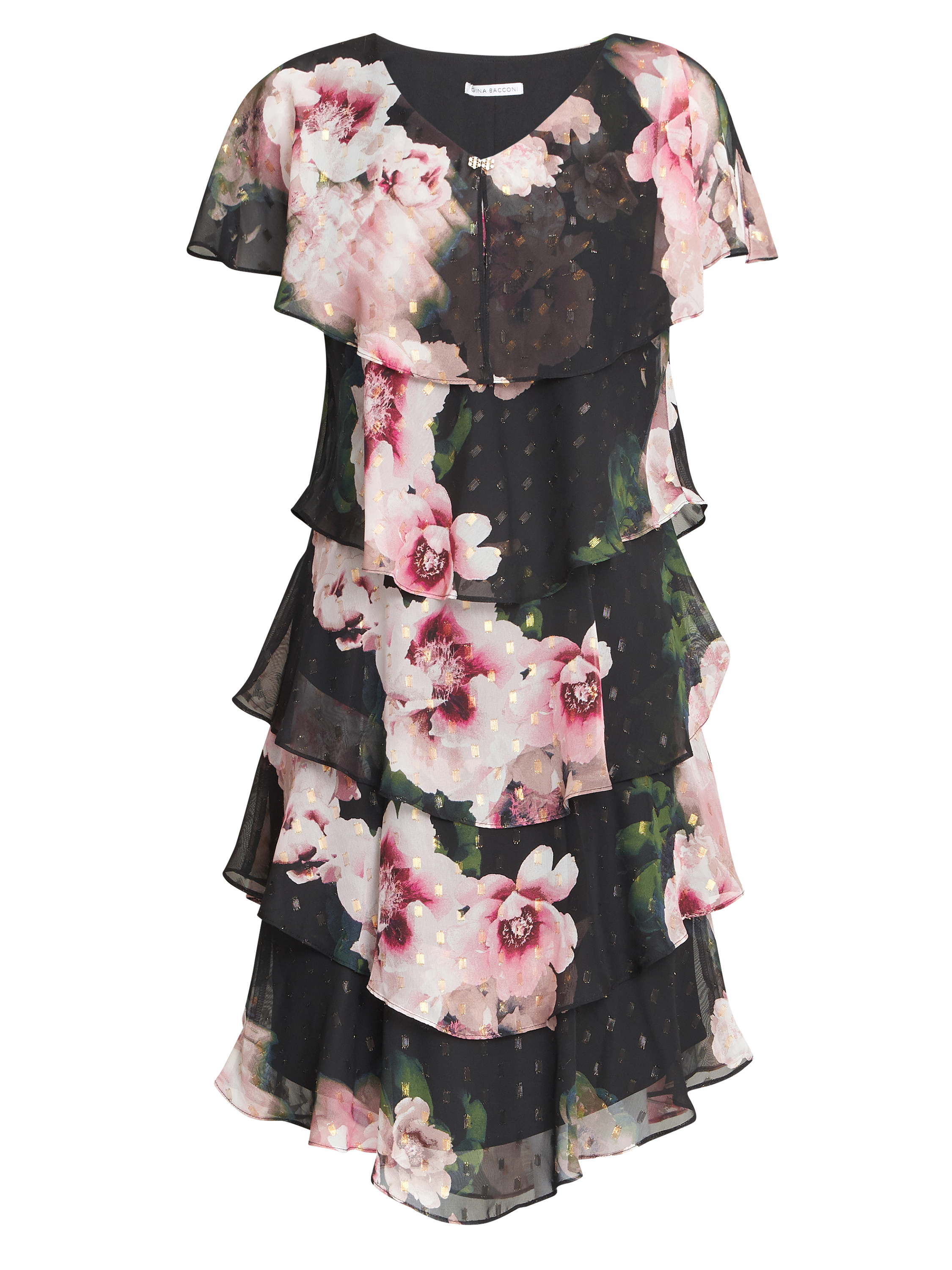 Gina Bacconi Womens Olivie Printed Floral Tier Dress - Black - Size 12 UK