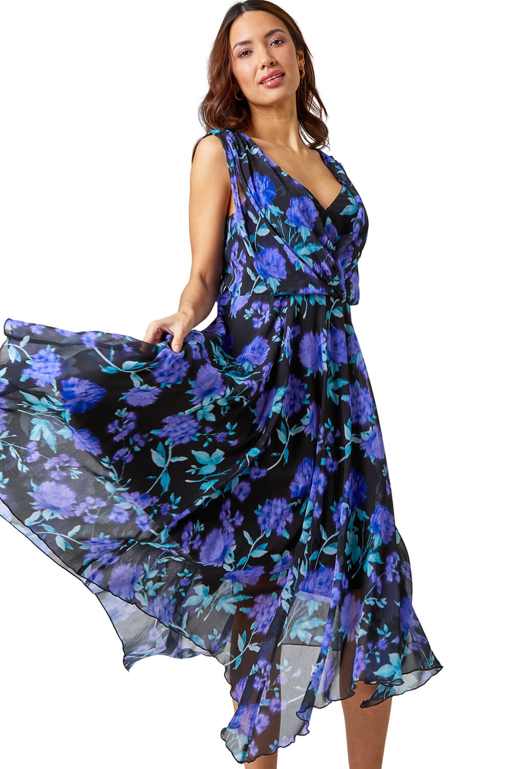 Roman Womens Sleeveless Floral Chiffon Midi Dress - Black - Size 12 UK