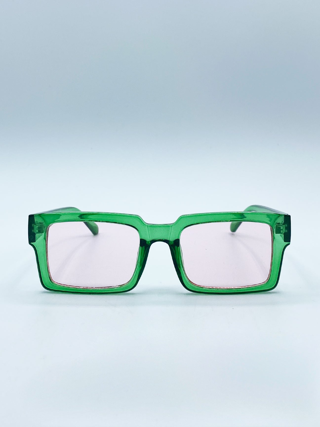 SVNX Unisex Square Frame Sunglasses in Translucent Green with Pink Lenses - One Size