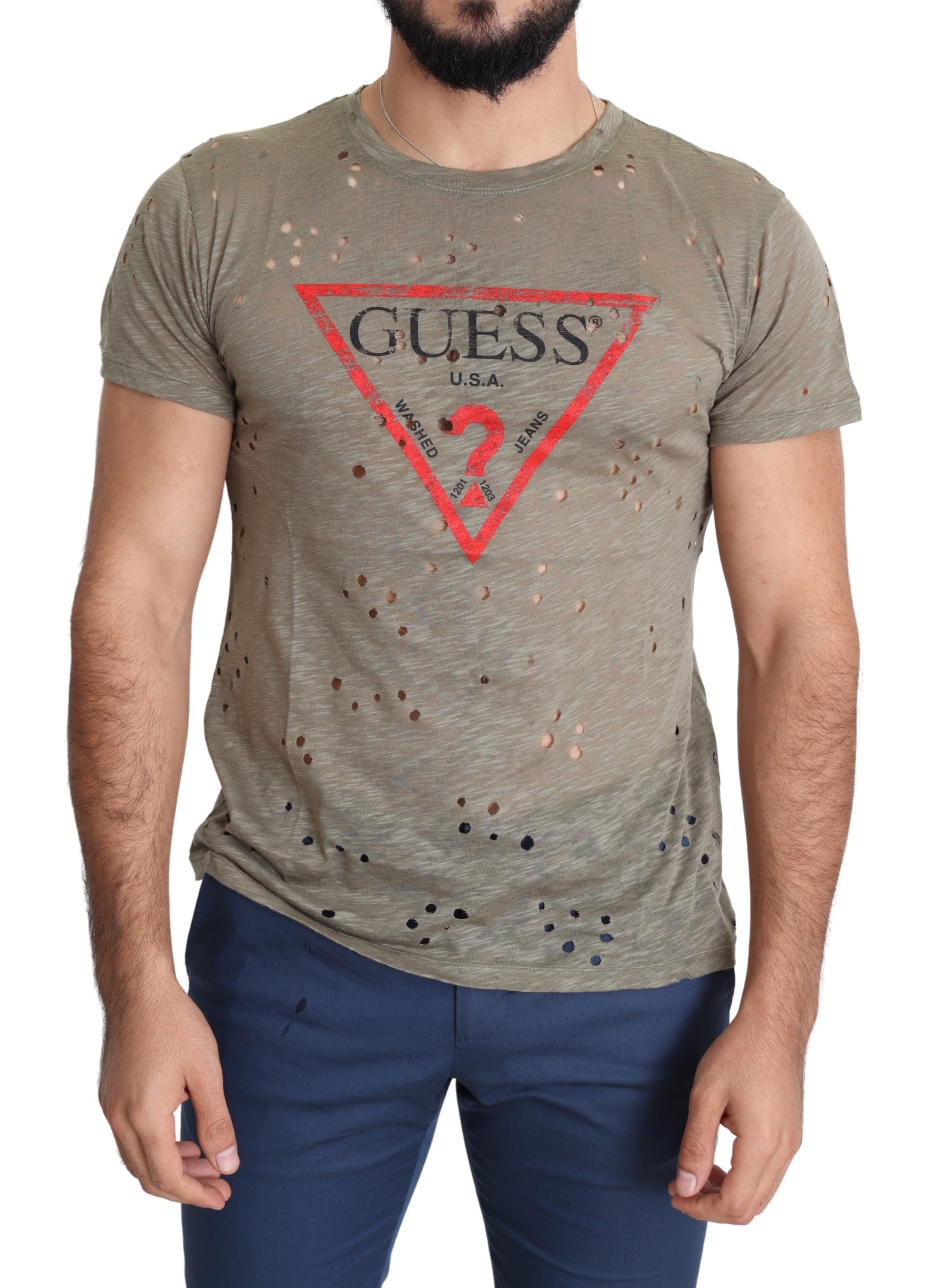 Thumbnail - Guess Braunes Baumwollstretch T-Shirt mit Logo-Print für Herren mit perforierten Details