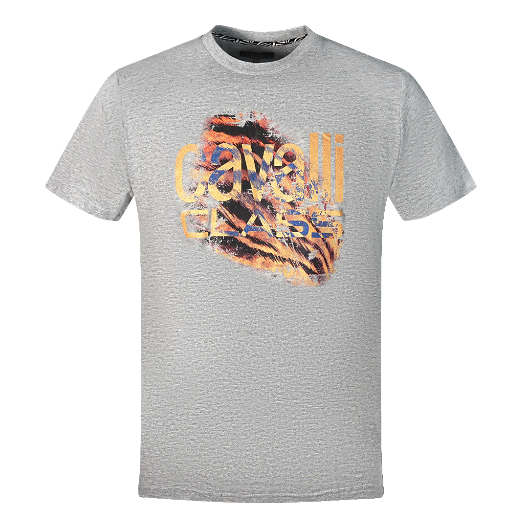 Thumbnail - Cavalli Class Geschnittenes Tigerprint Bold Logo Graues T-Shirt