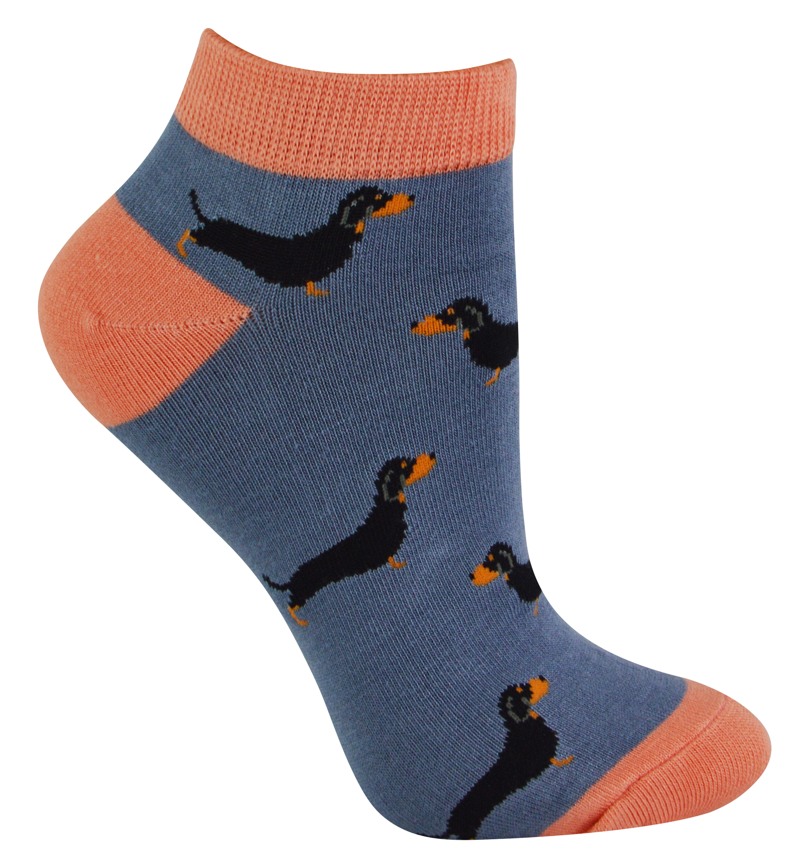 Thumbnail - Damen Bambus Trainer Socken | Miss Sparrow | Atmungsaktive Low Cut Socken für Frauen - Sausage Dogs (Blau)