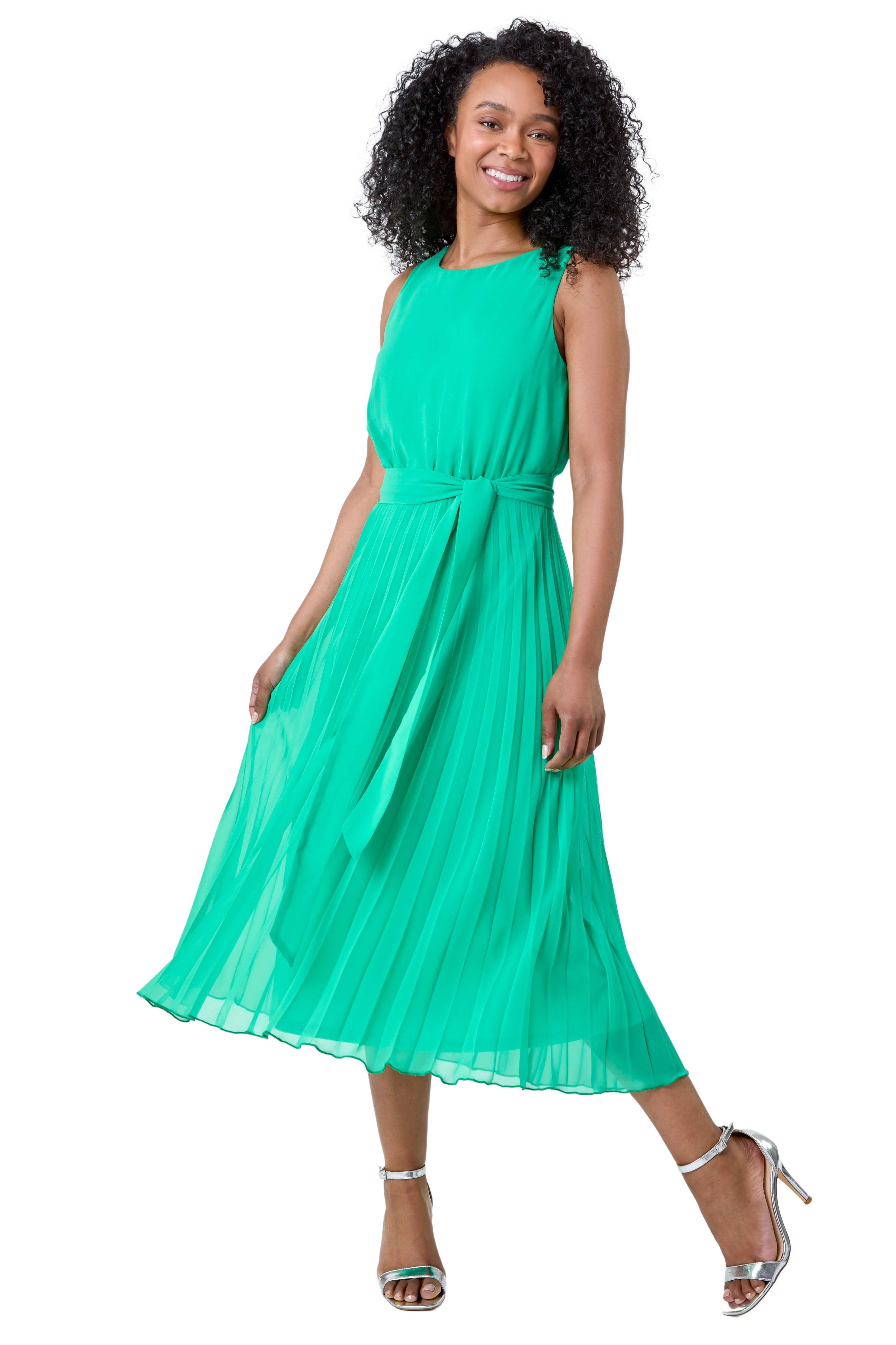 Roman Petite Womens Pleated Midi Dress - Green - Size 14 UK