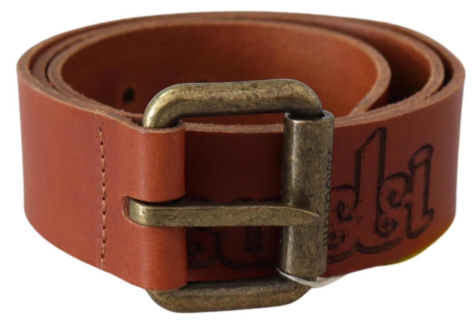 Just Cavalli WoMens Brown Leather Logo Bronze Rustic Metal Buckle Belt Wool - Size 85 cm