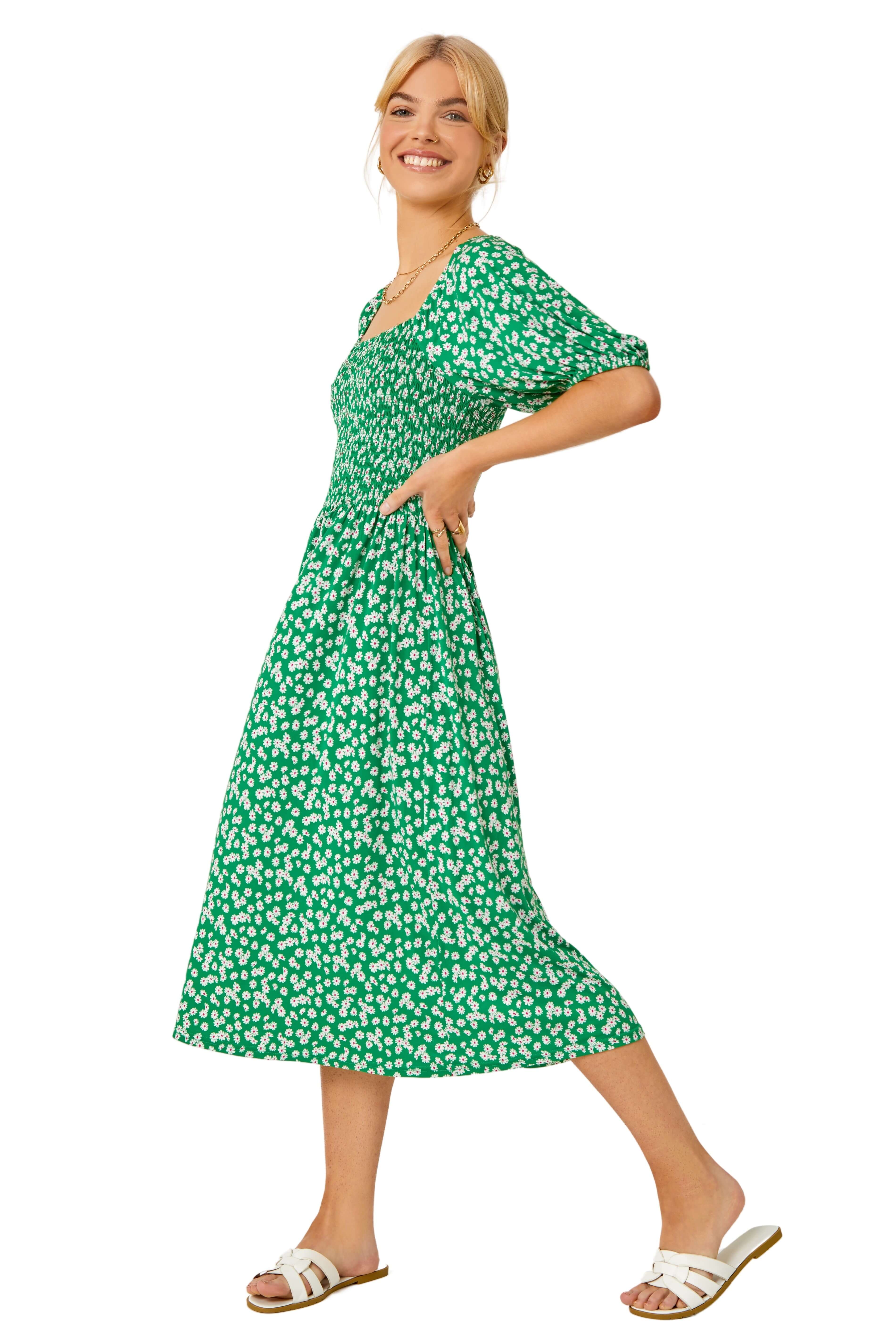 Dusk Womens Ditsy Floral Print Shirred Dress - Green - Size 12 UK