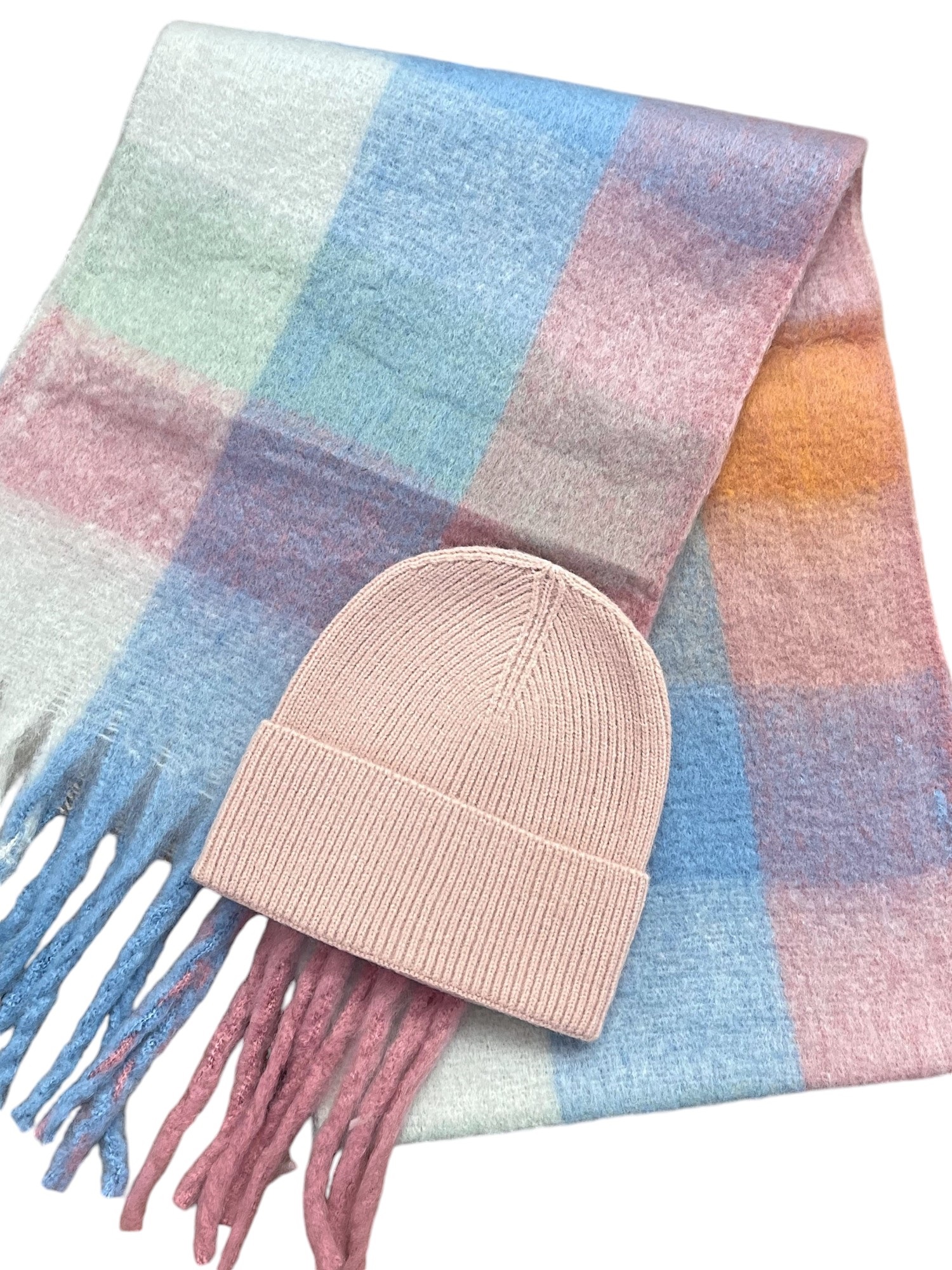 Svnx Women's Multicolor Light Check Scarf & Pink Beanie Set - Image 3