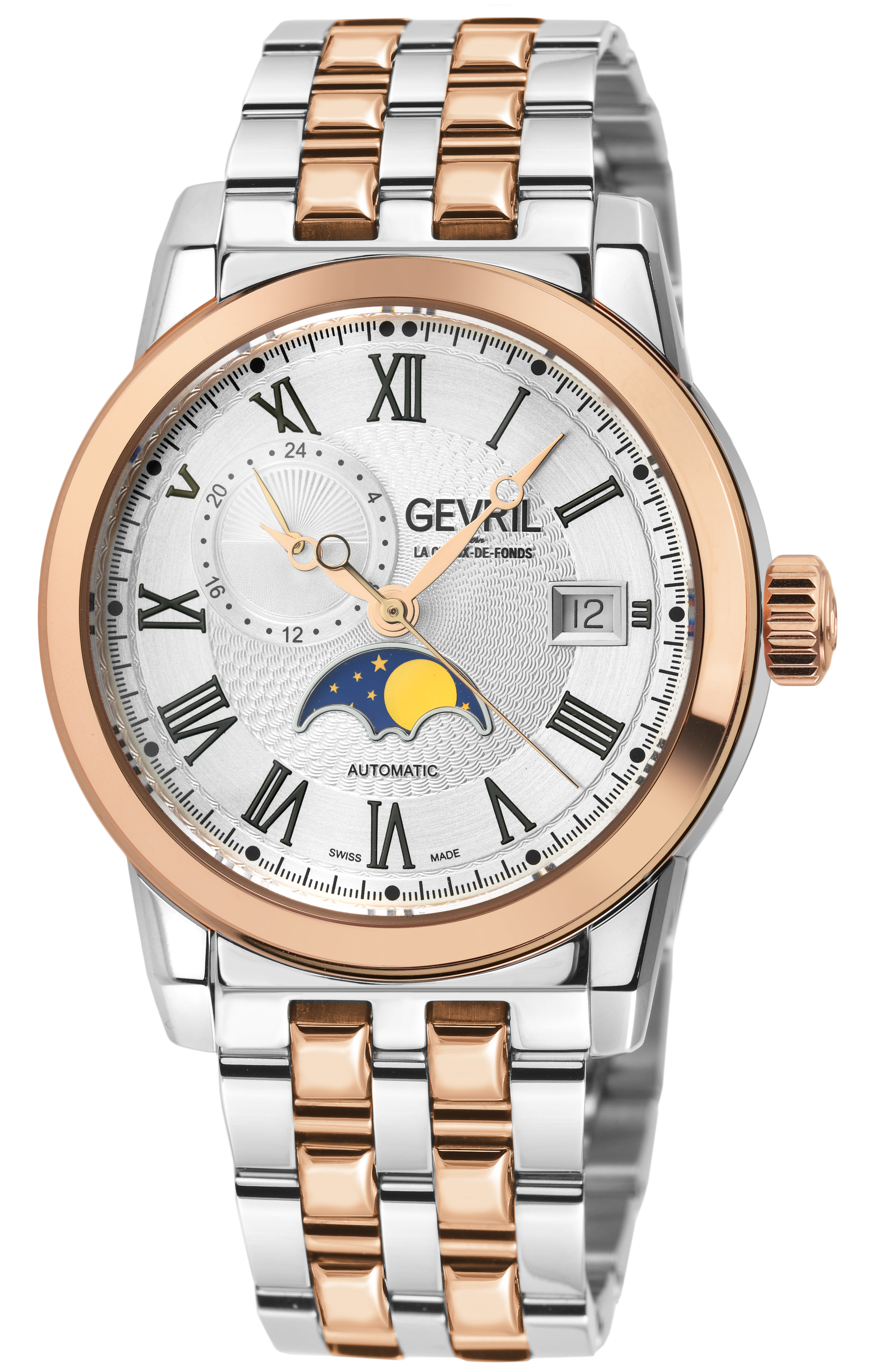Gevril Mens Madison Moon phase Open Heart Silver/Black Dial, Rose Gold Stainless Steel Swiss Automatic Sellita SW285-B Watch – Silver & Gold – One Size