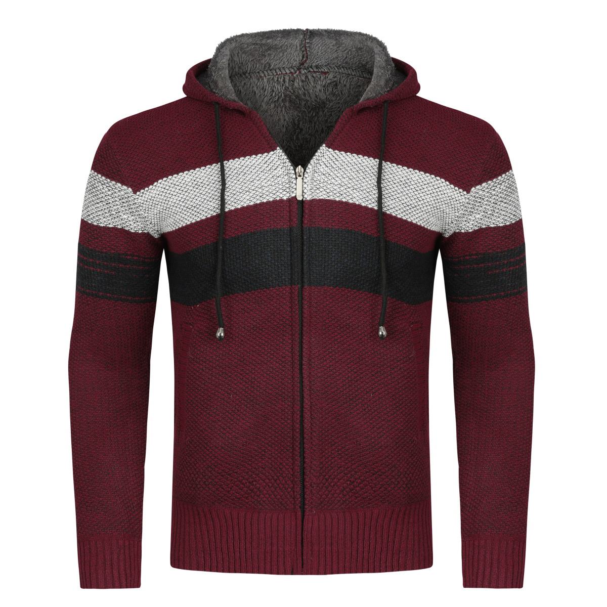 Vinterövergångskofta för män med huva Fodrad Chunky Stickad Varm jacka med huva Burgundy