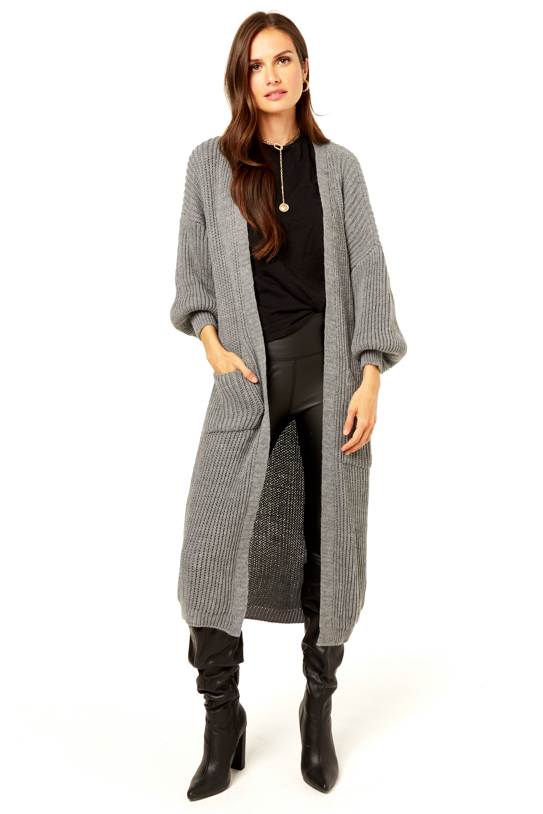 Gini London Womens Long Knitted Cardigan - Grey - Size Small/Medium