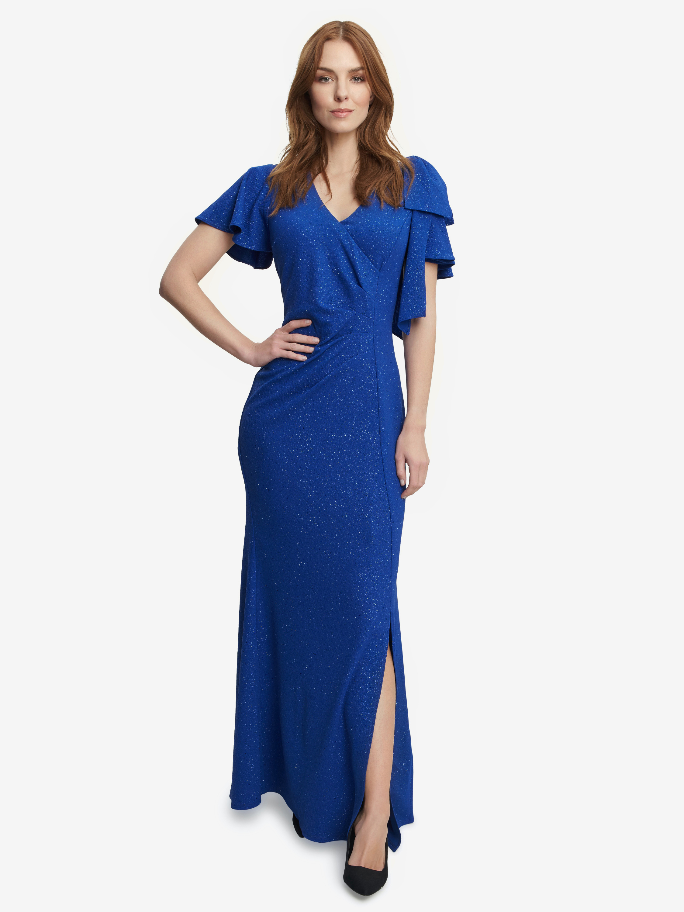 Gina Bacconi Womens Metallic Maxi Dress With V-Neck And Bow At Sleeve - Blue - Size 12 UK