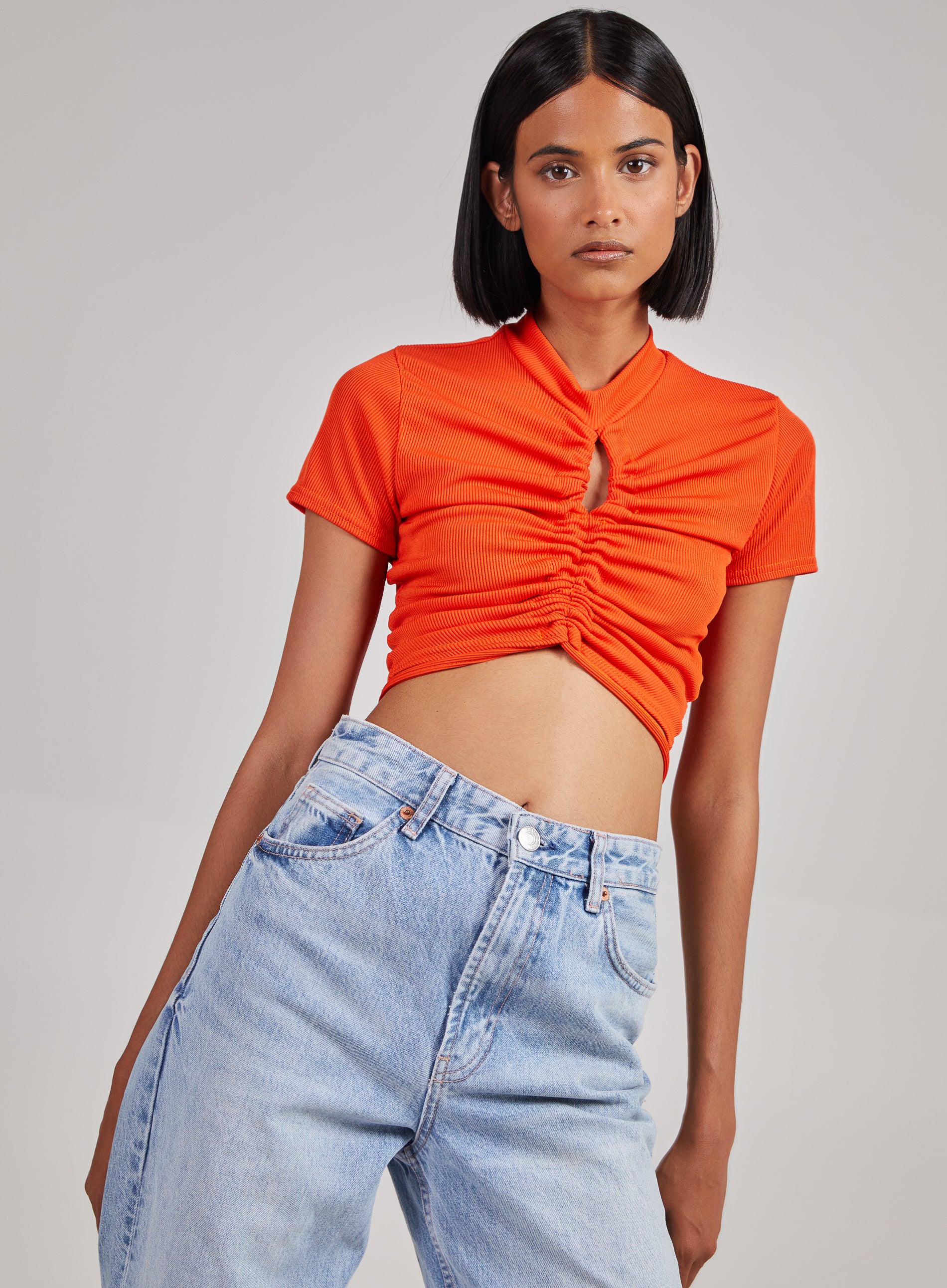 Pink Vanilla Womens Short Sleeve Gathered Keyhole Ribbed Top - Orange - Size Small