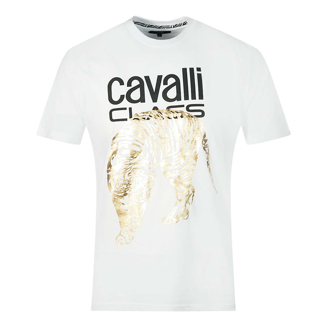 Thumbnail - Cavalli Class Großes Goldenes Tiger-Schablonen-Logo Weißes T-Shirt
