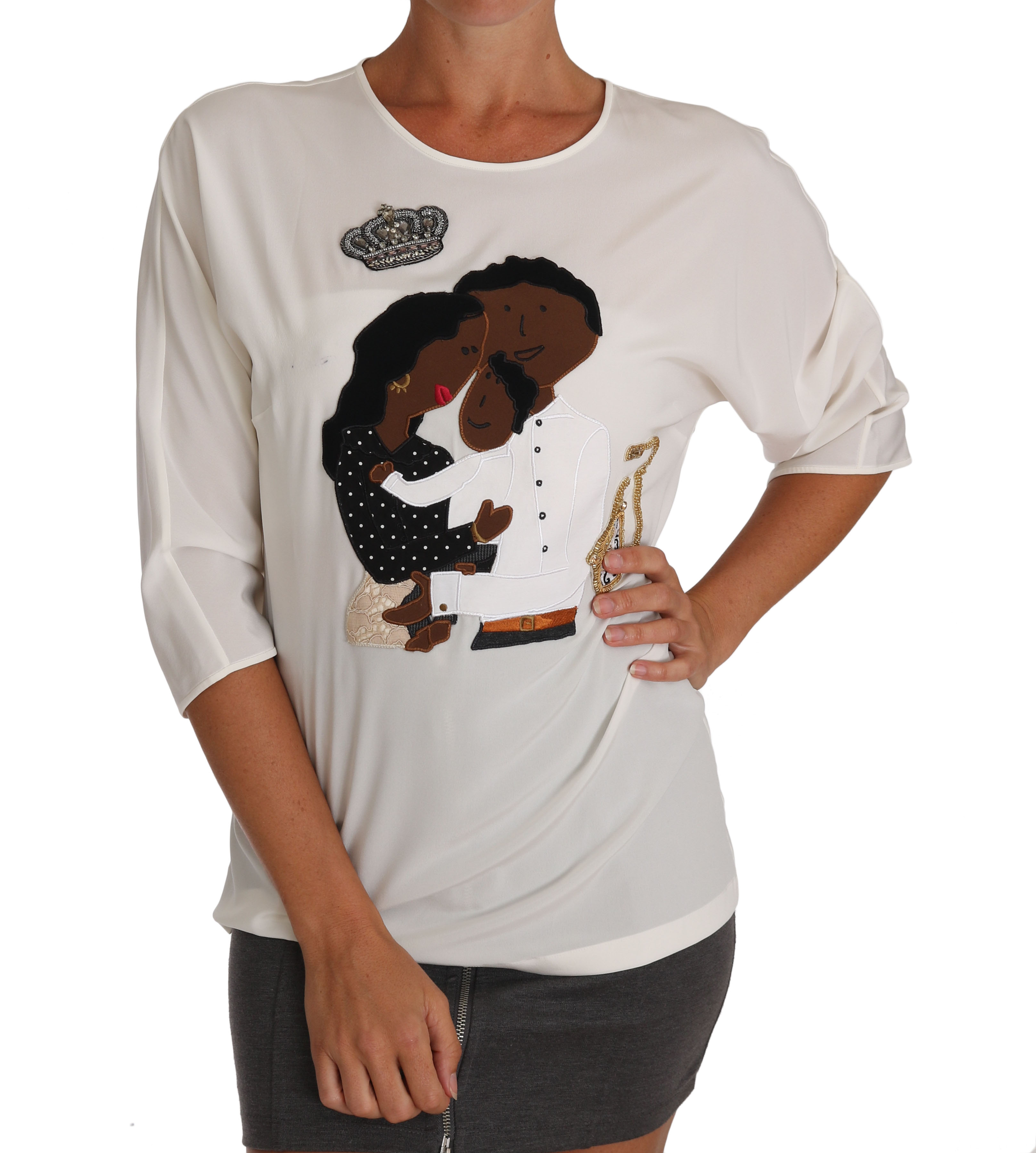 Thumbnail - Dolce & Gabbana Weißes Seiden #dgfamily Kristall-T-Shirt