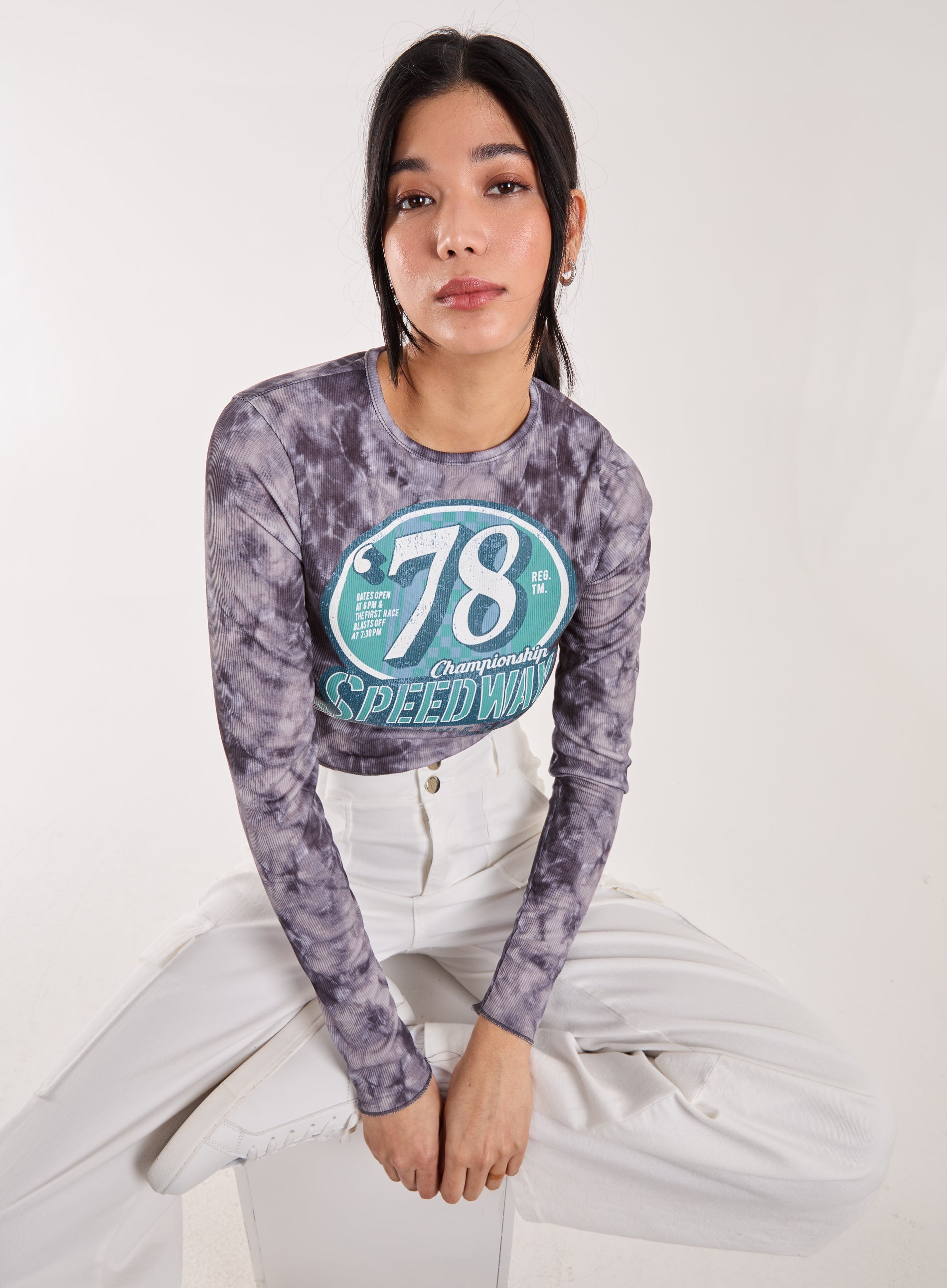 Pink Vanilla Womens Racer Washed Printed Long Sleeve Top - Blue - Size Medium