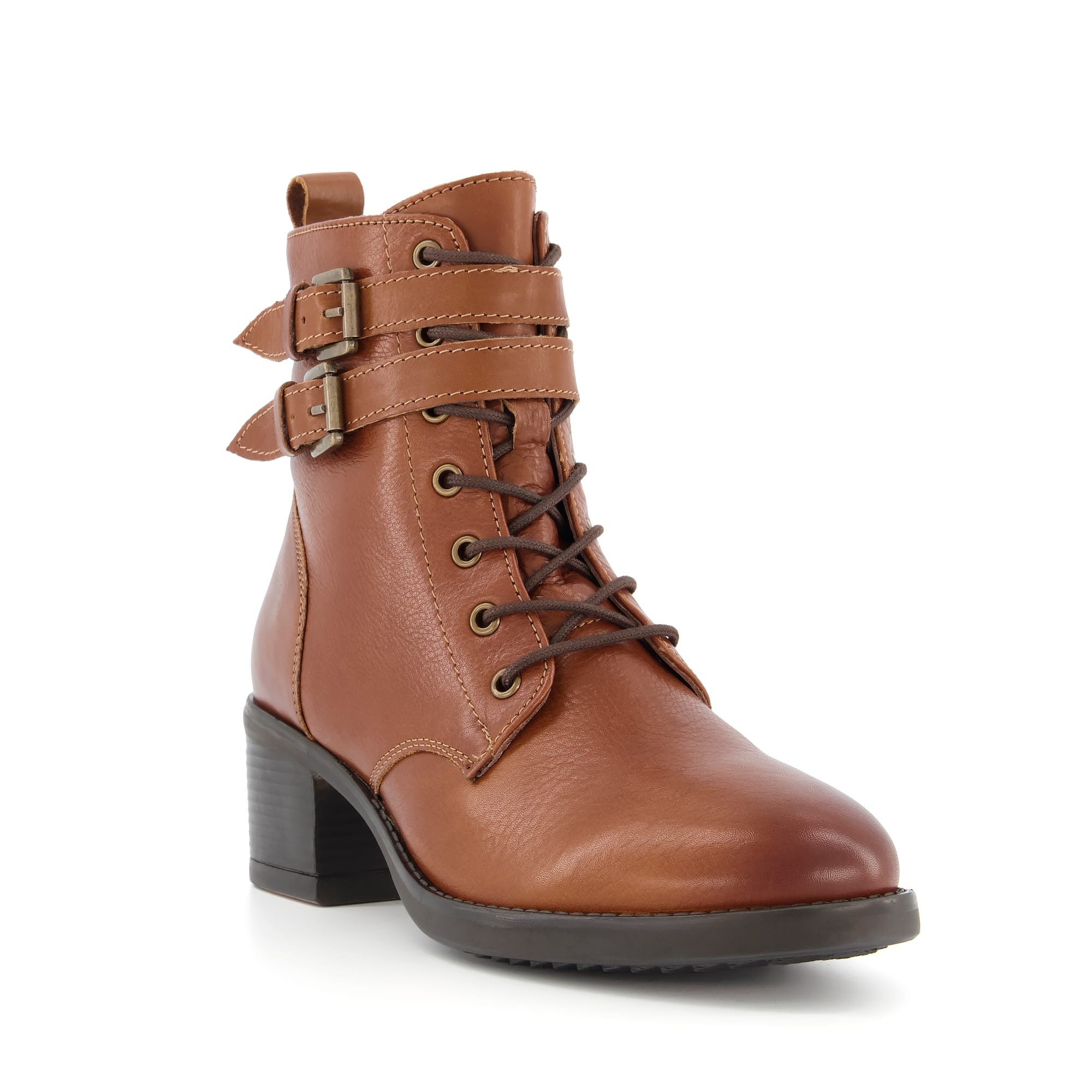 Dune London Womens PAXAN Buckle Detail Lace-Up Ankle Boots - Tan Leather (archived) - Size UK 4