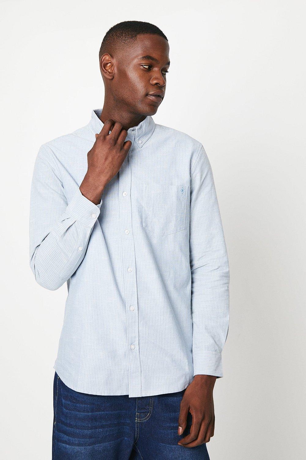 Maine Mens Fine Stripe Oxford Long Sleeve Shirt - Light Blue Cotton - Size Medium