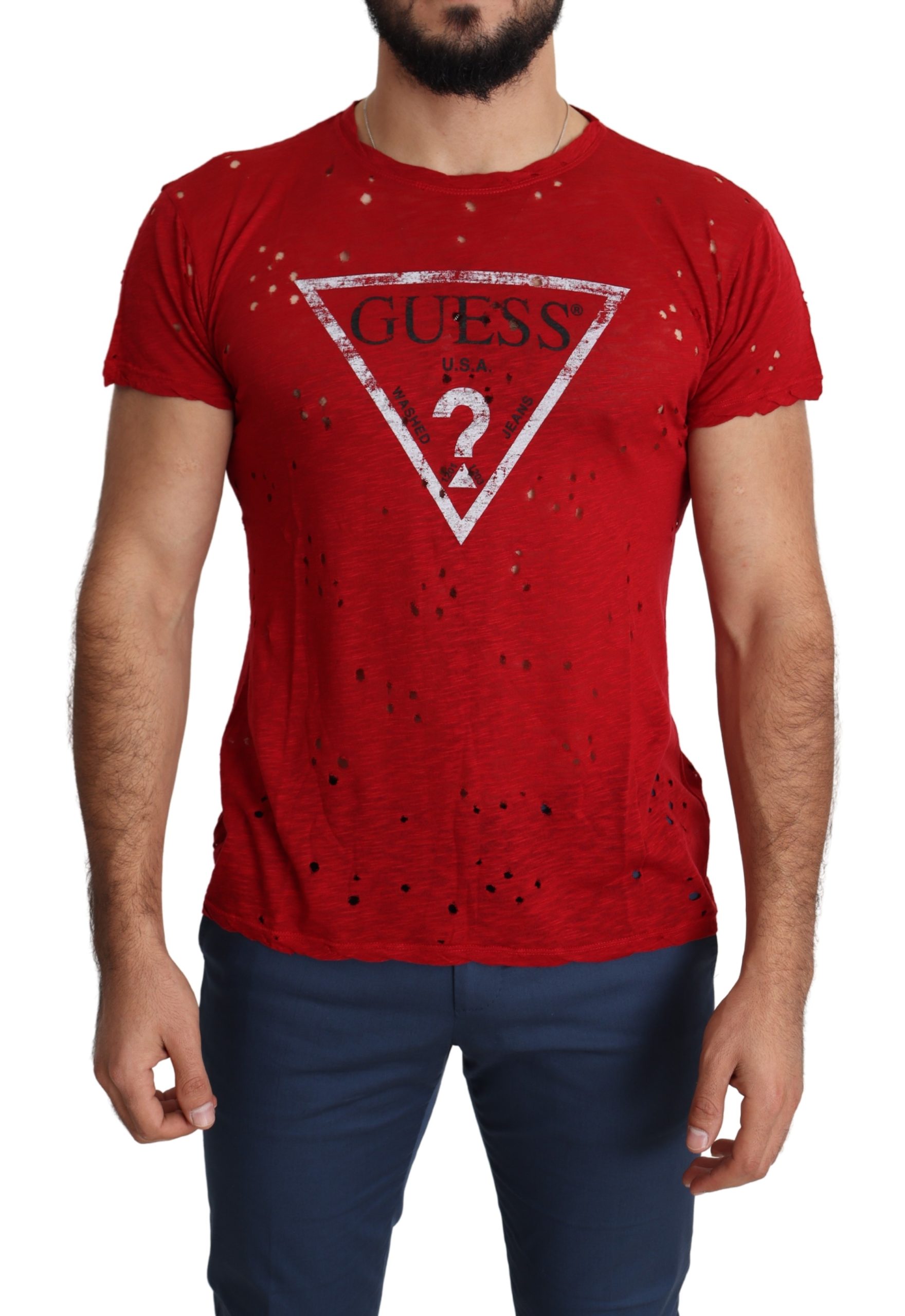 Guess Red Cotton Logo Print Men's Casual Top Perforated T-shirt