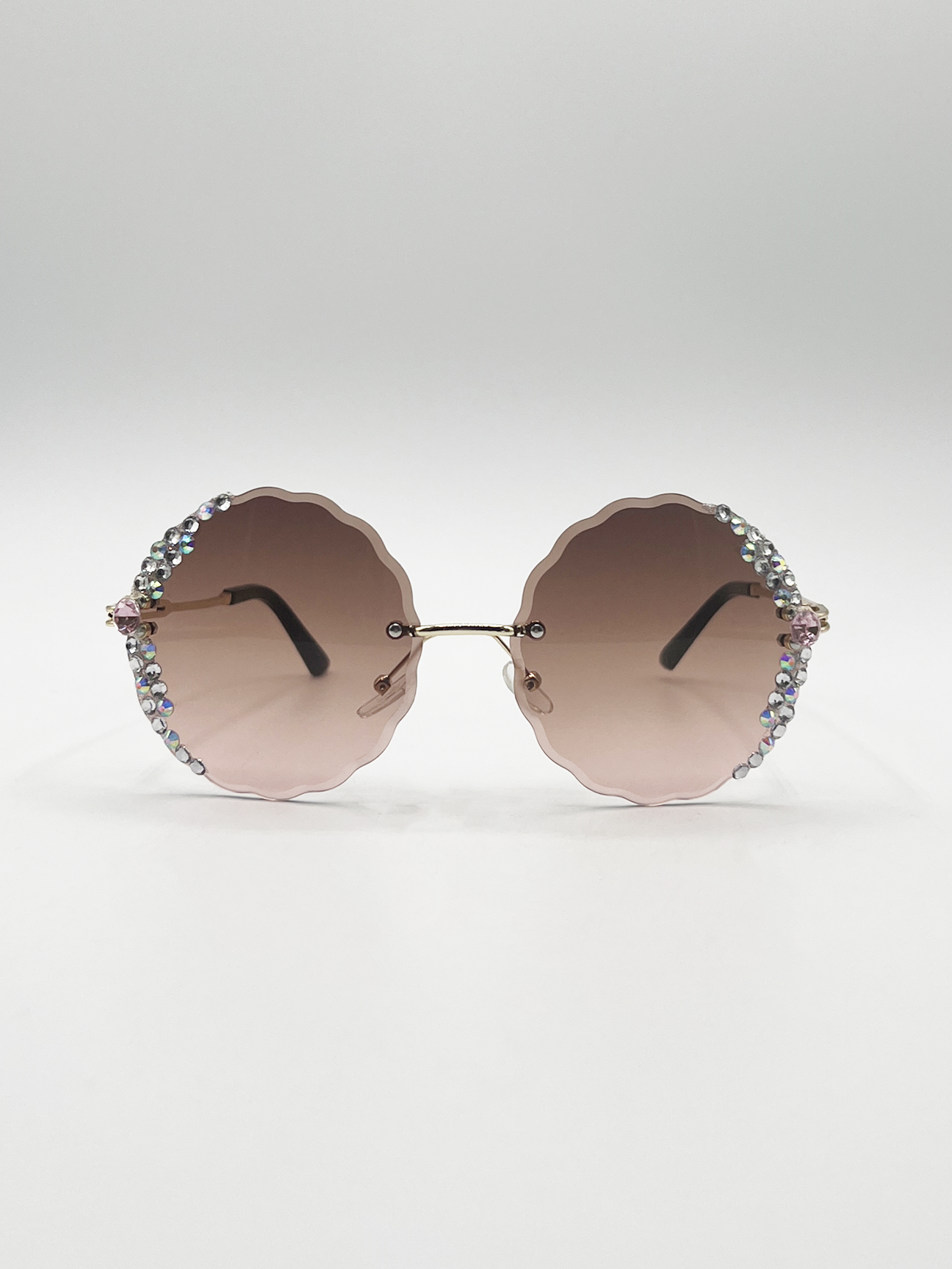 SVNX Womens Oversized Round Frameless Sunglasses with Crystal Detail in Brown Metal - One Size