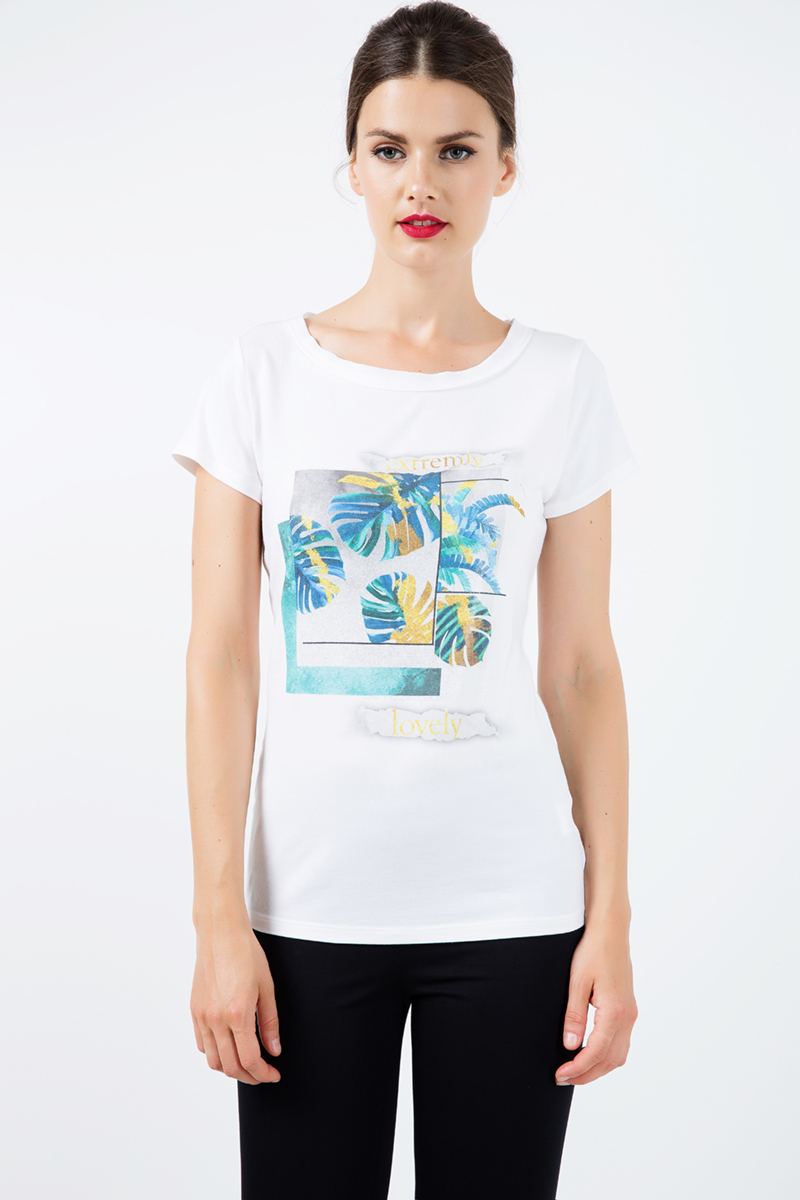 Thumbnail - Kurzärmeliges weißes Top mit mehrfarbigem Druck