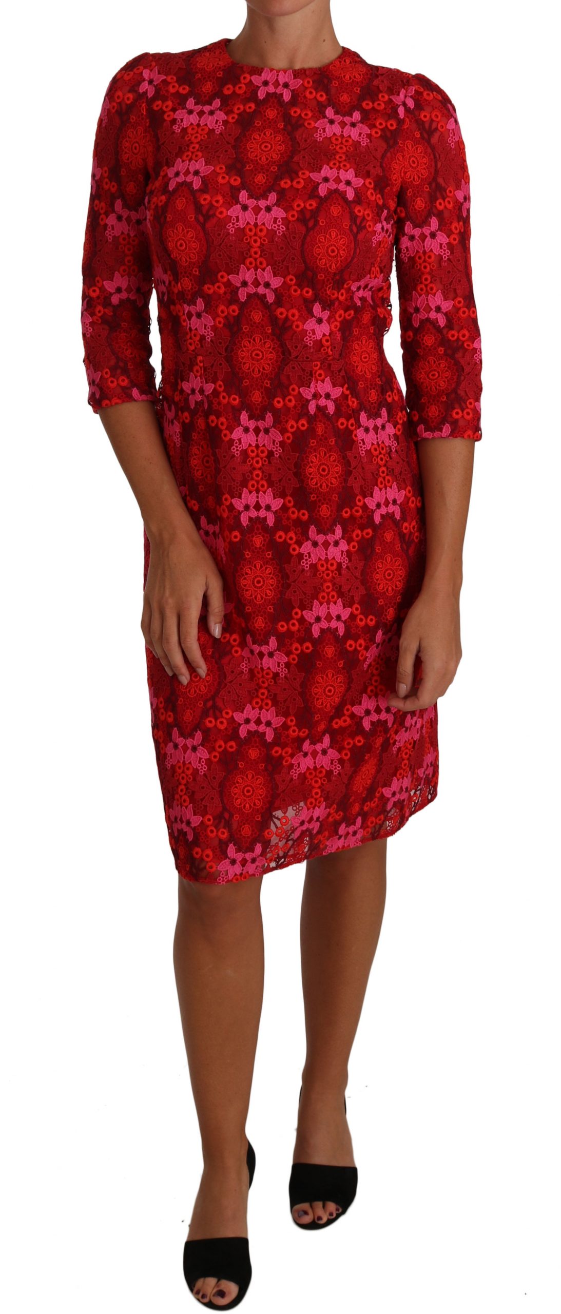 Dolce & Gabbana Womens Floral Crochet Lace Red Pink Sheath Dress – Multicolour Cotton – Size Small