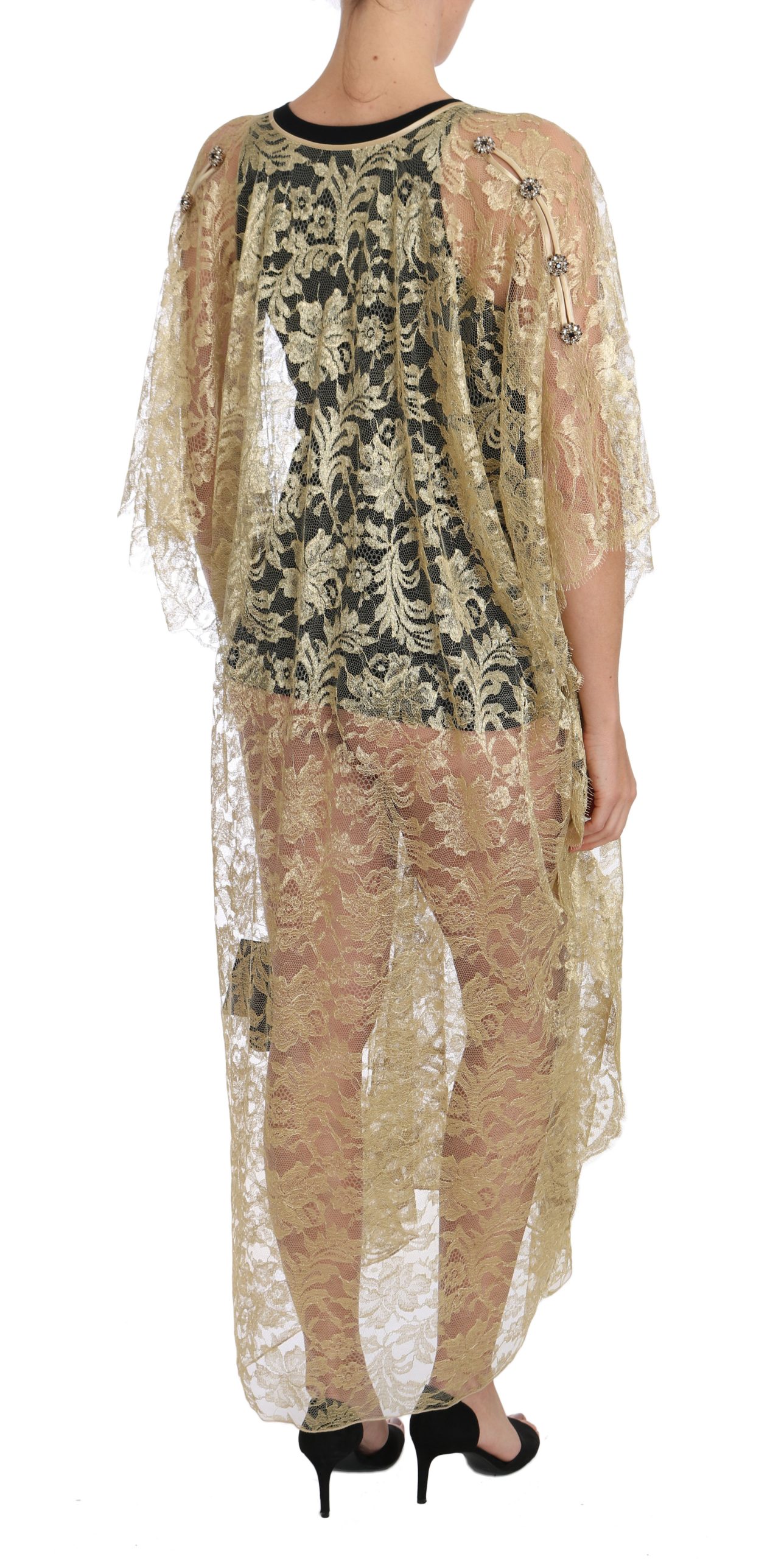 Gold Floral Lace Crystal Gown Cape Klänning 2