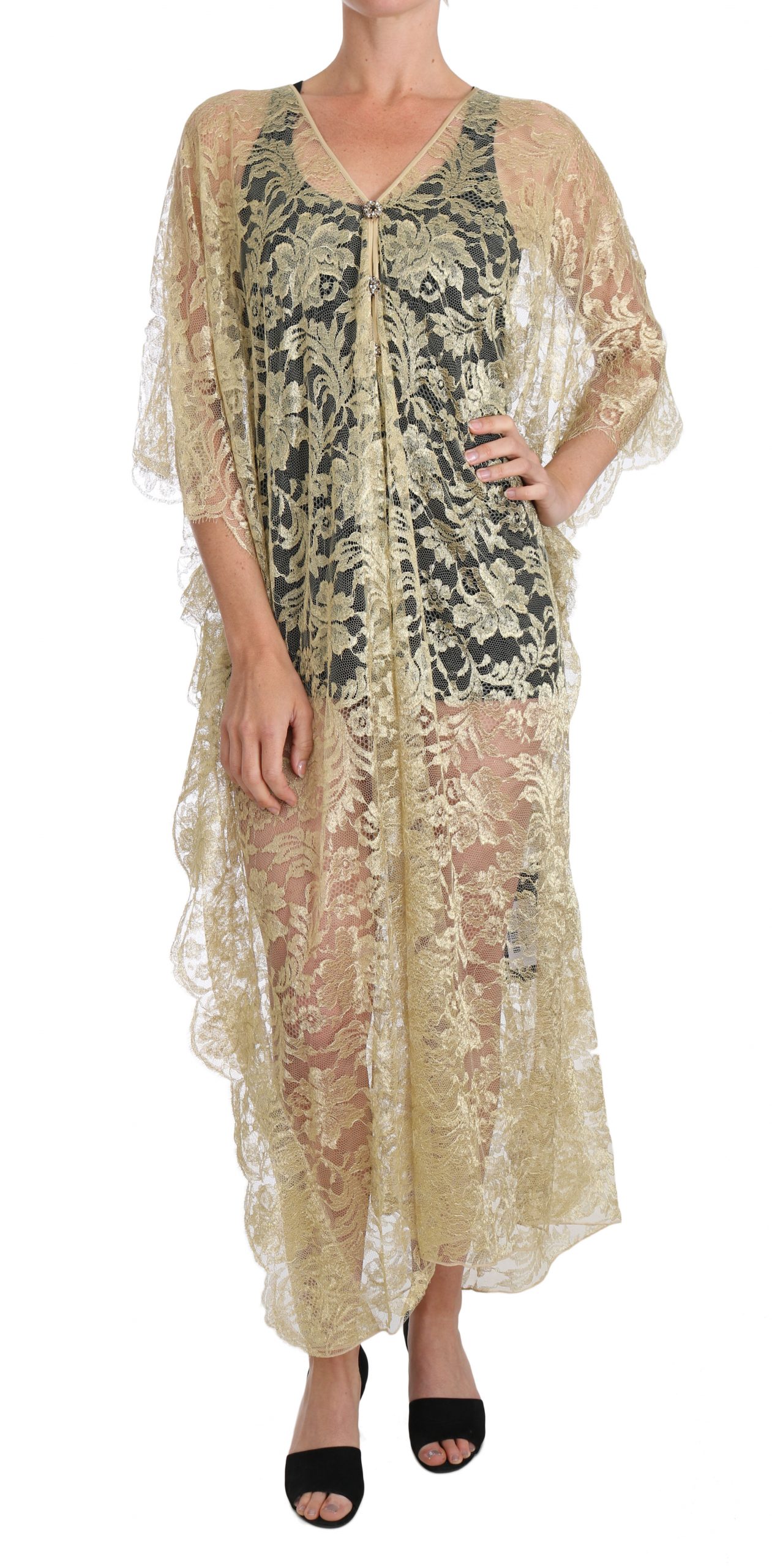 Gold Floral Lace Crystal Gown Cape Klänning