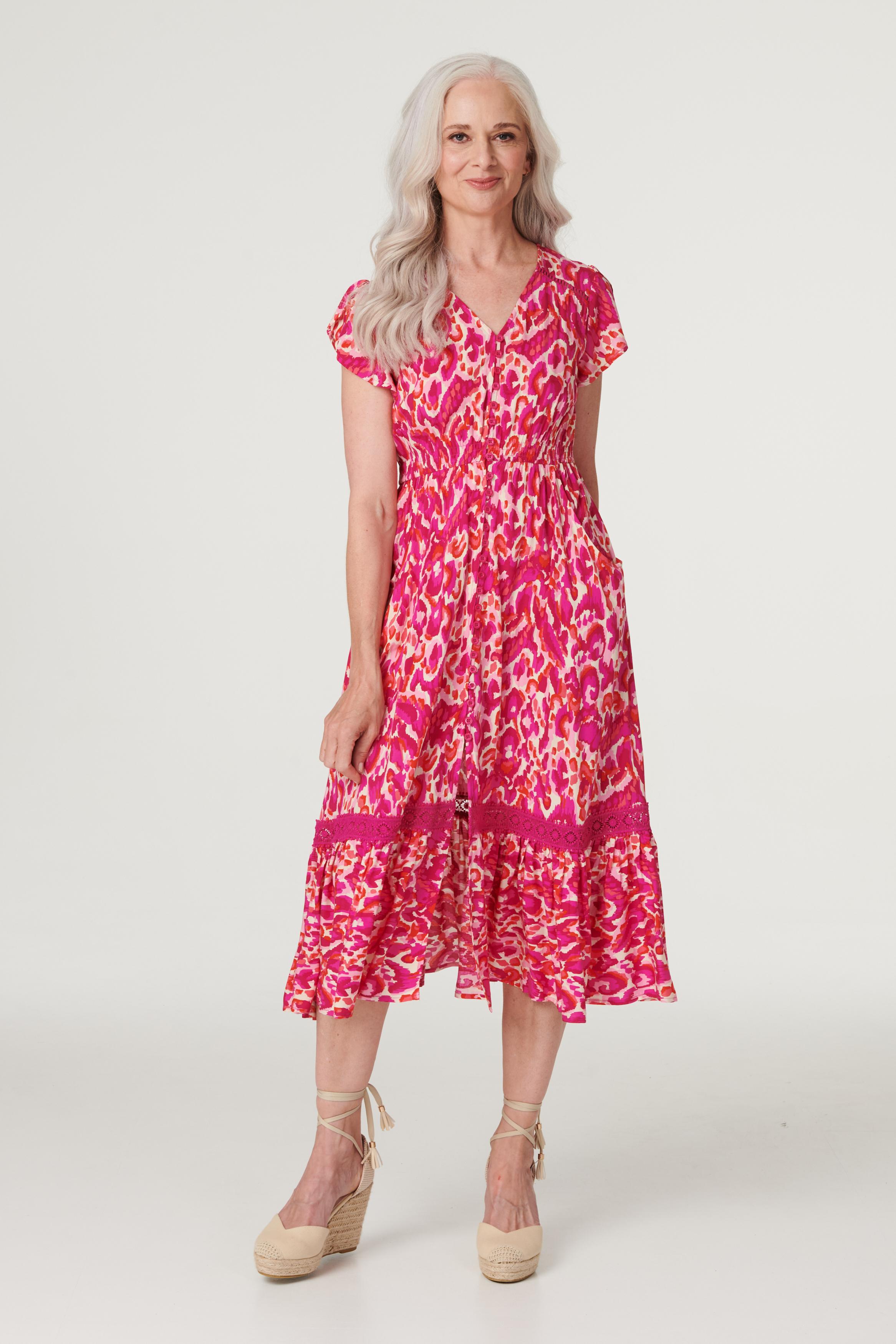 Izabel London Womens Pink Printed V-Neck Tiered Midi Dress viscose - Size 8 UK