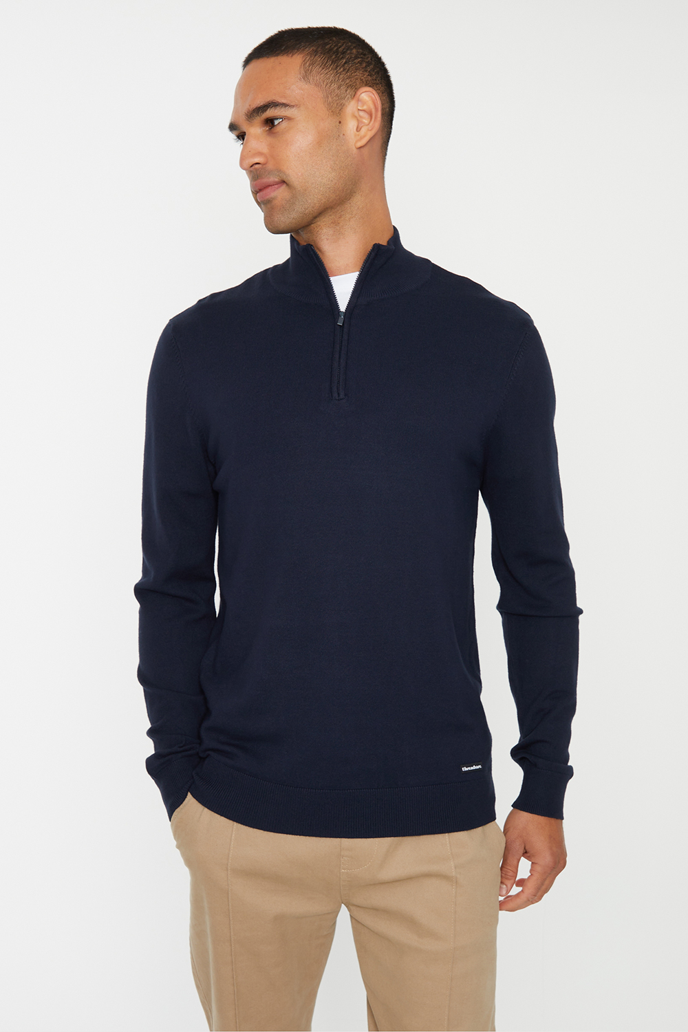 Threadbare Mens Navy 'Tucci' Funnel Neck Quarter Zip Knitted Jumper - Size 2XL
