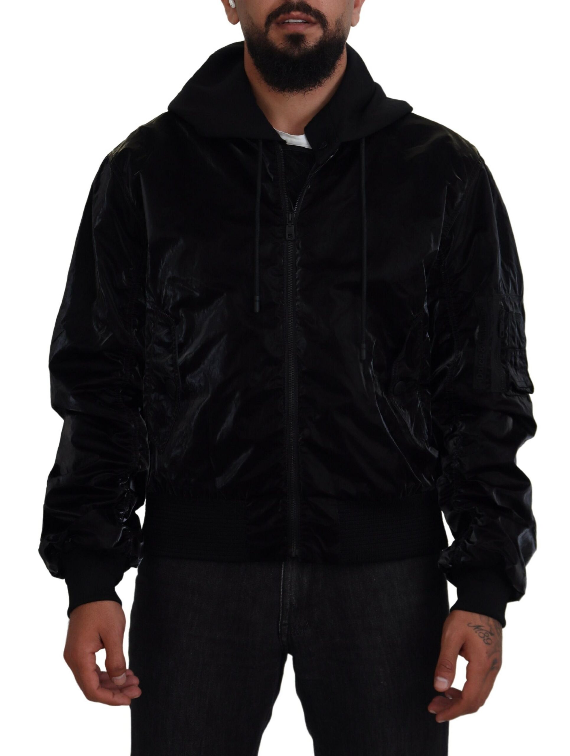 Dolce & Gabbana Mens Nylon Hooded Full Zip Bomber Jacket - Black - Size IT 48 (Men's)