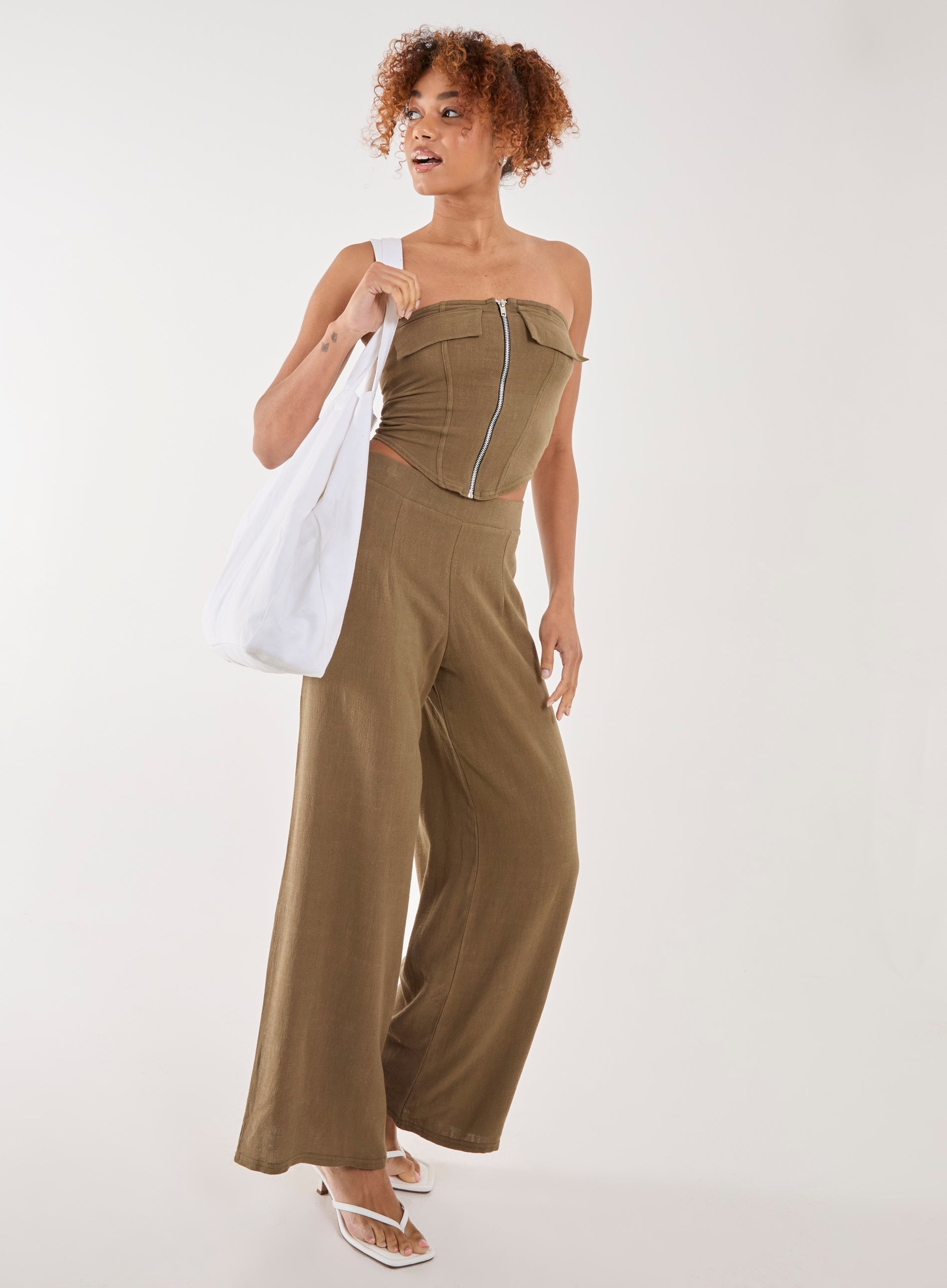 Pink Vanilla Womens Linen Straight High Waist Trousers - Khaki - Size 6 UK