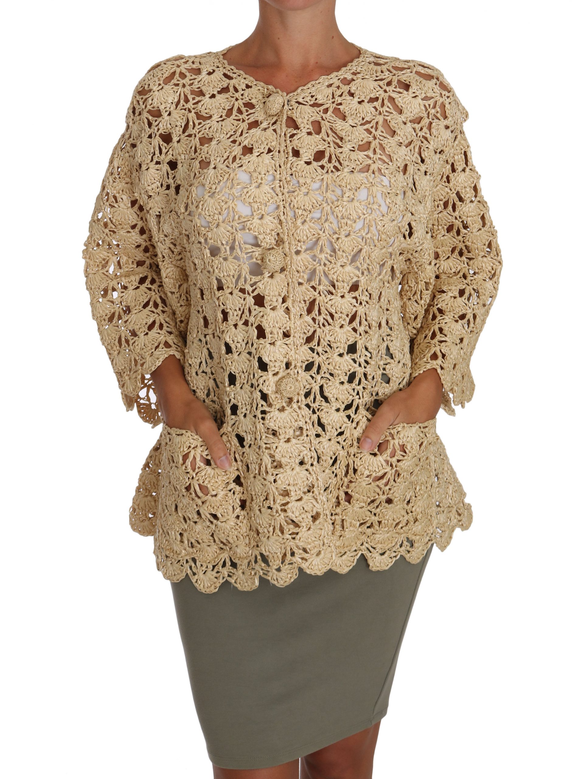 Dolce & Gabbana Womens Beige Cardigan Crochet Knitted Raffia Sweater – Multicolour – Size Small