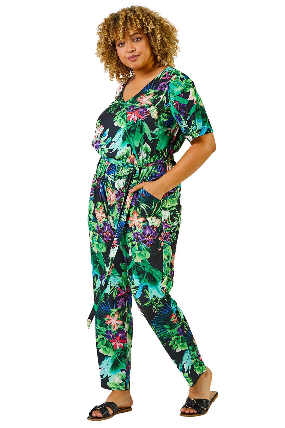 Roman Curve Womens Tropical Print Jumpsuit - Black - Size UK 30-32