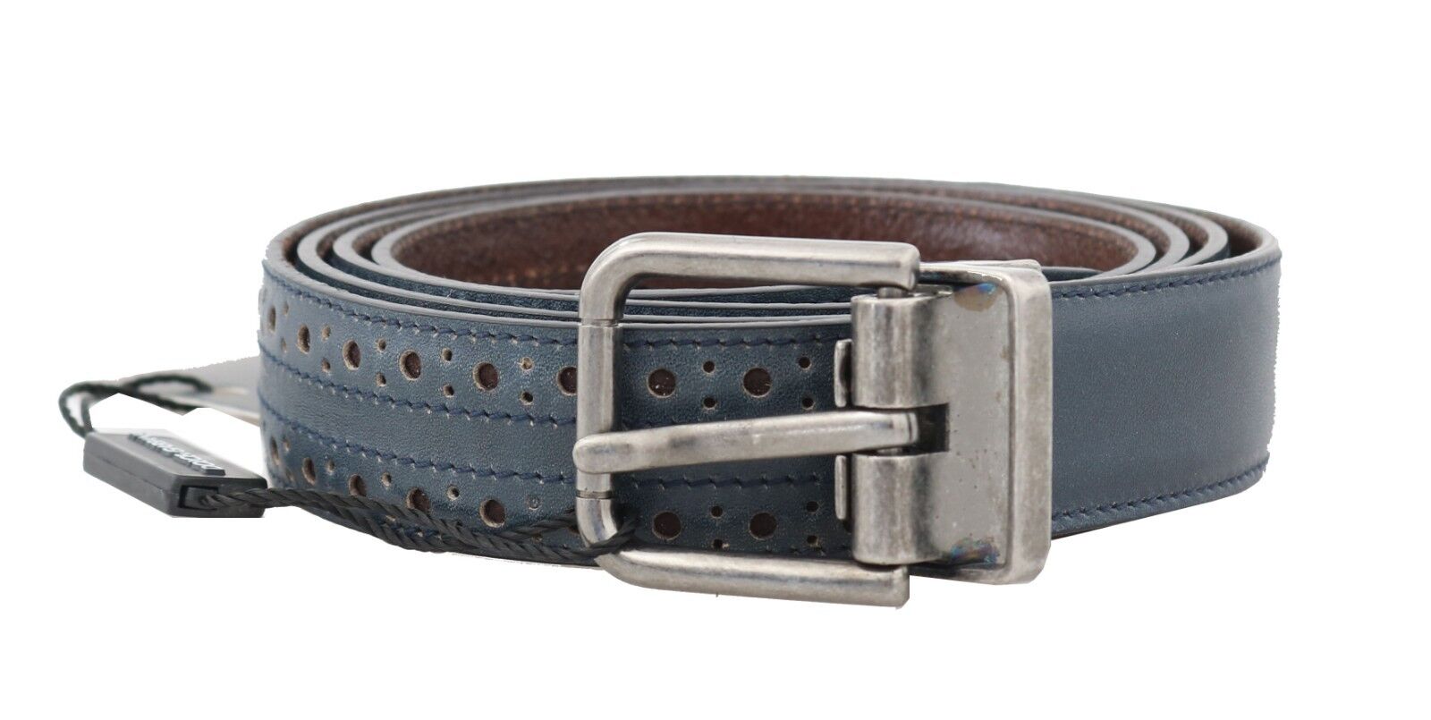 Dolce & Gabbana Mens Blue Perforated Leather Gray Buckle Belt - Size 90 cm