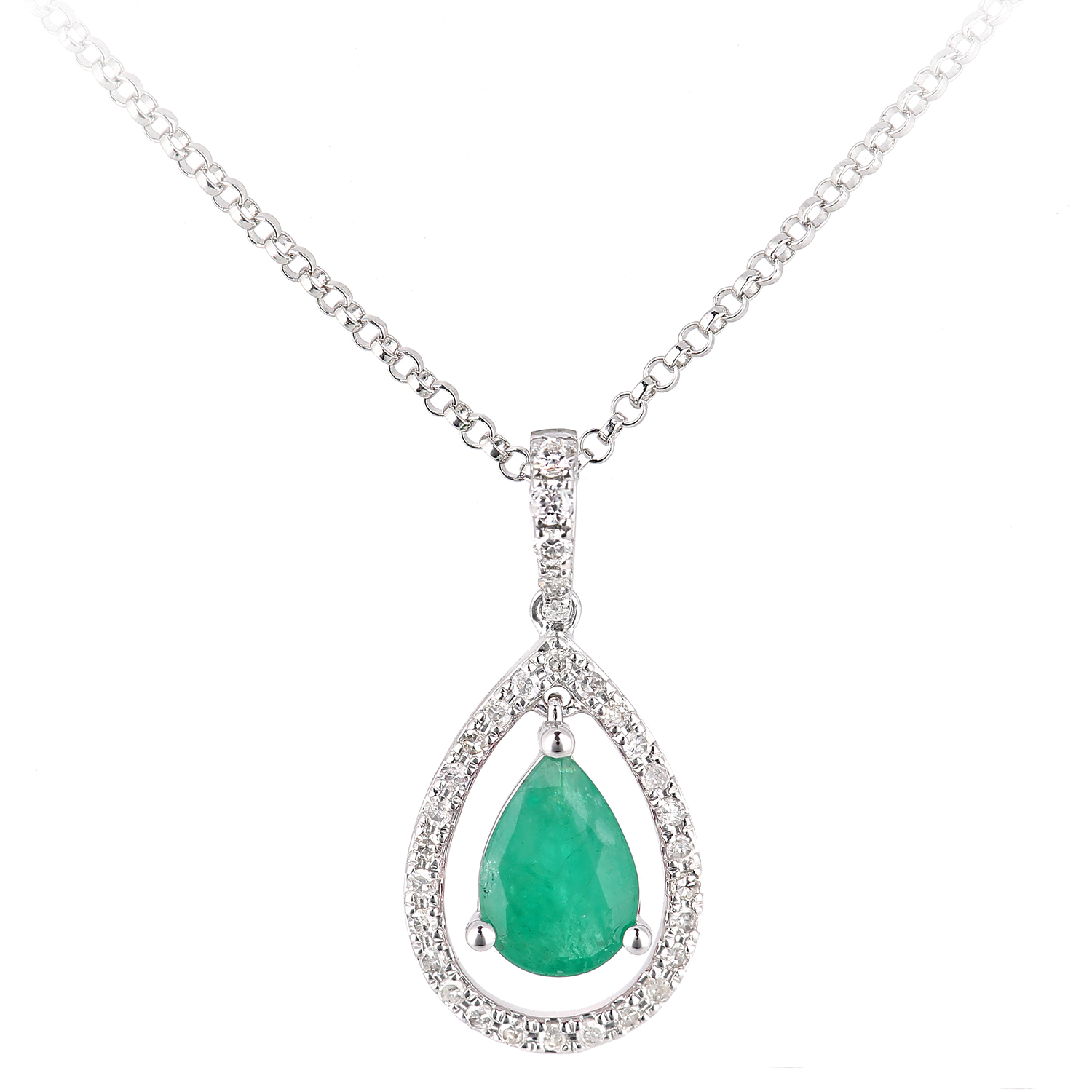 Diamant L’Eternel Womens 18ct White Gold Emerald and Diamond Teardrop Pendant Necklace – Size P 1/2