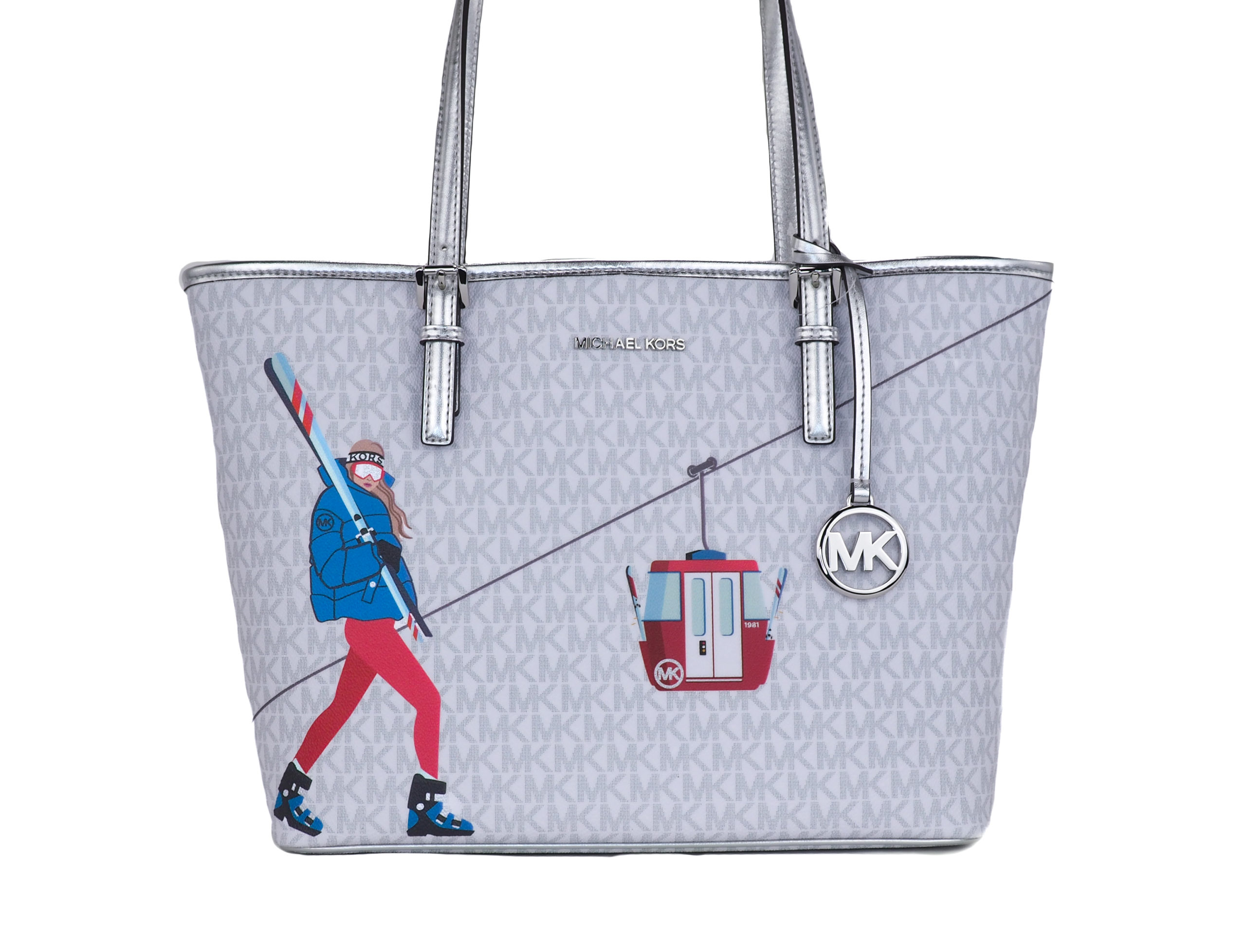 Thumbnail - Michael Kors Femme Jet Set Girls Print Medium Signature PVC Carryall Shoulder Tote Handbag (Bright White Multi)