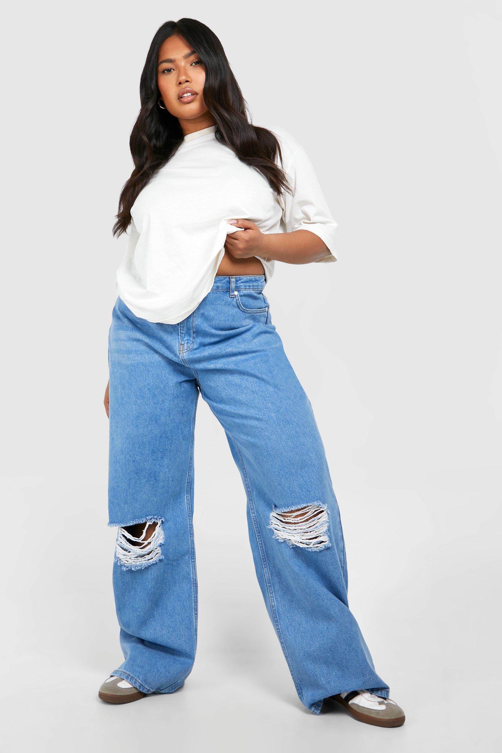 Boohoo Womens Plus Acid Wash Ripped Wide Leg Jeans - Light Blue Cotton - Size 16 UK