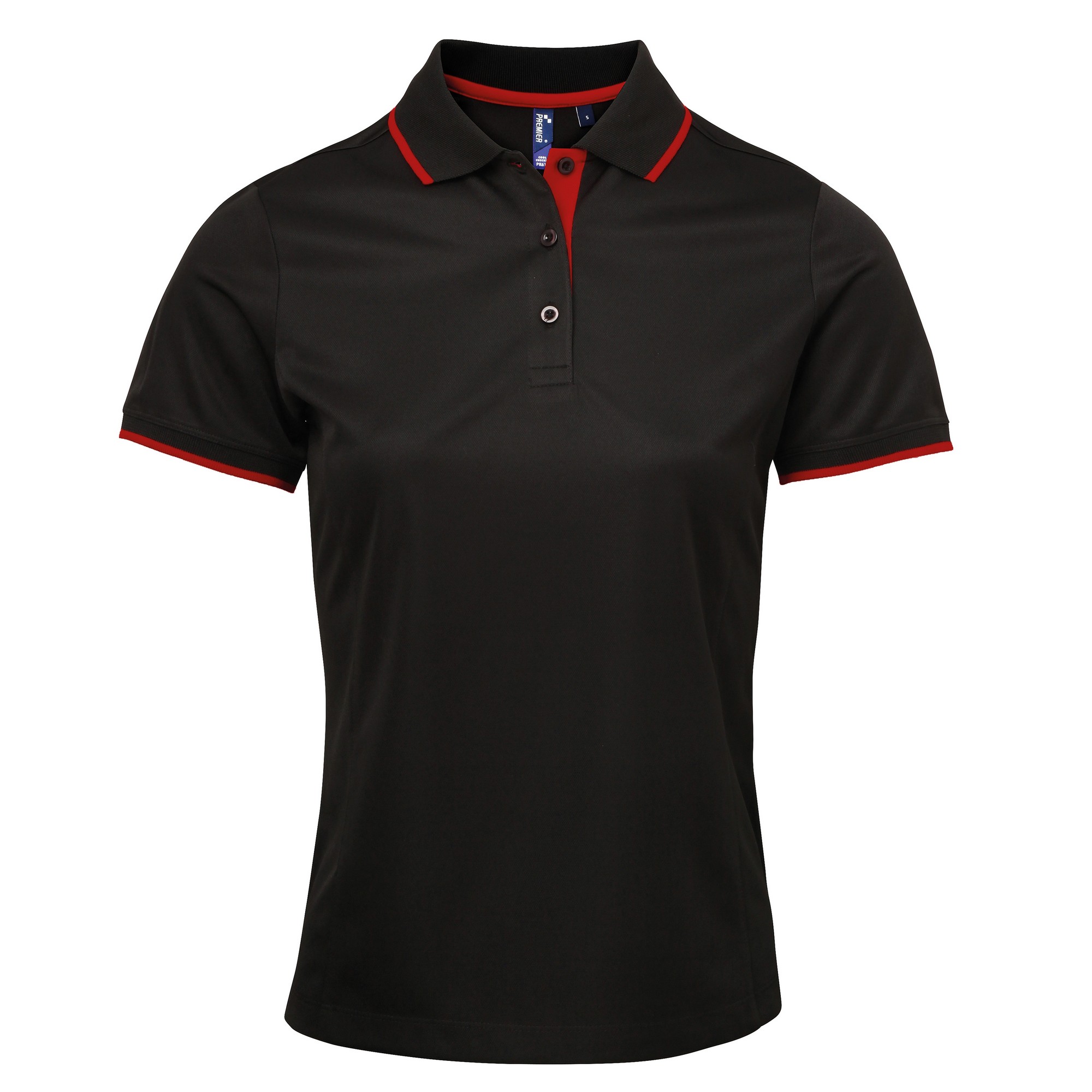 Thumbnail - Premier Womens/Ladies Contrast Coolchecker Polo Shirt (Schwarz/Rot)