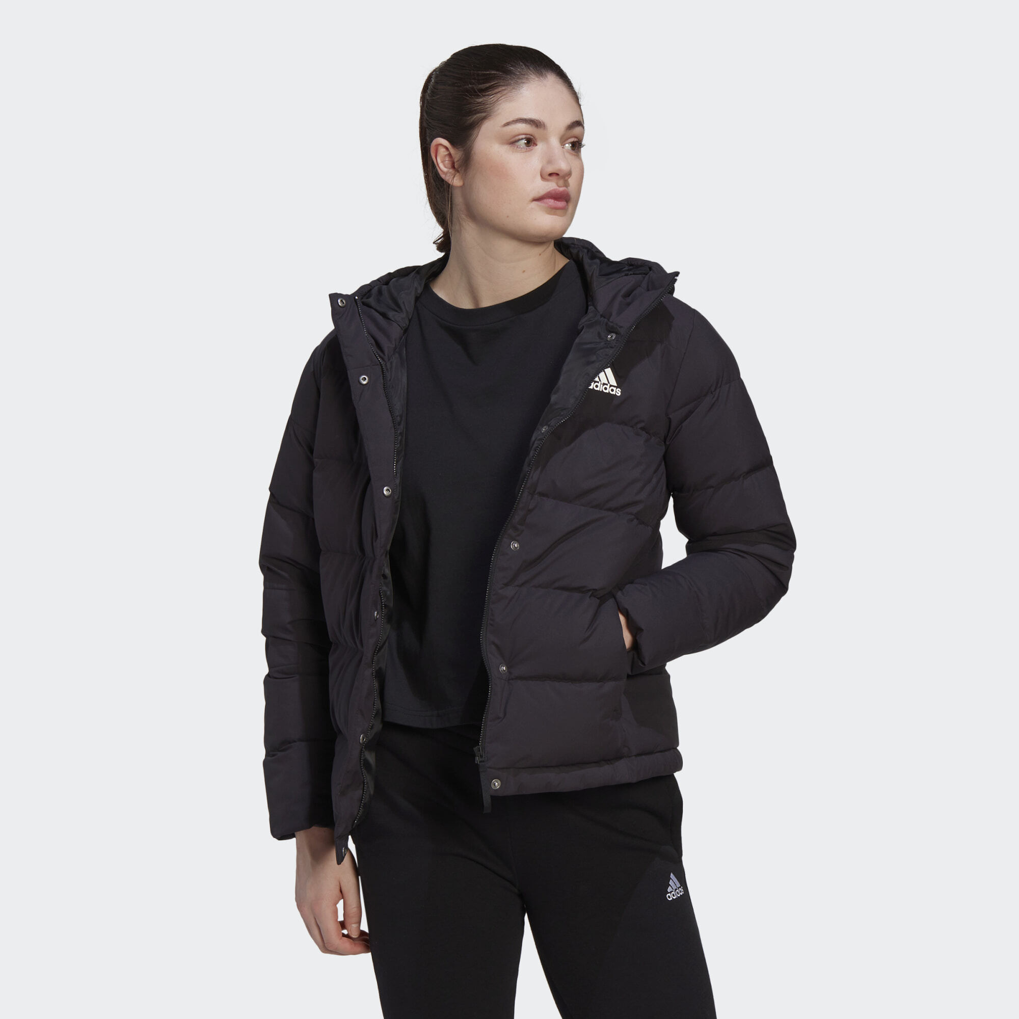 adidas Sportswear Womens Helionic Hooded Down Jacket - Black Recycled Material - Size X-Small