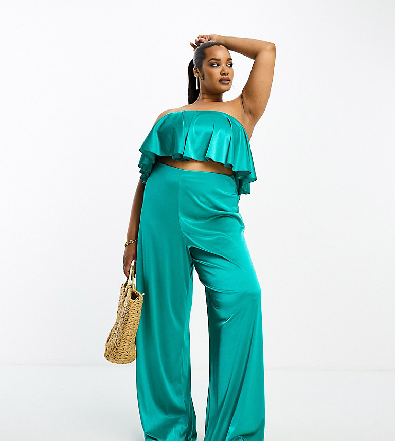 ASOS DESIGN Womens Curve co-ord satin twill floaty wide leg in teal-Blue - Turquoise - Size 26 UK