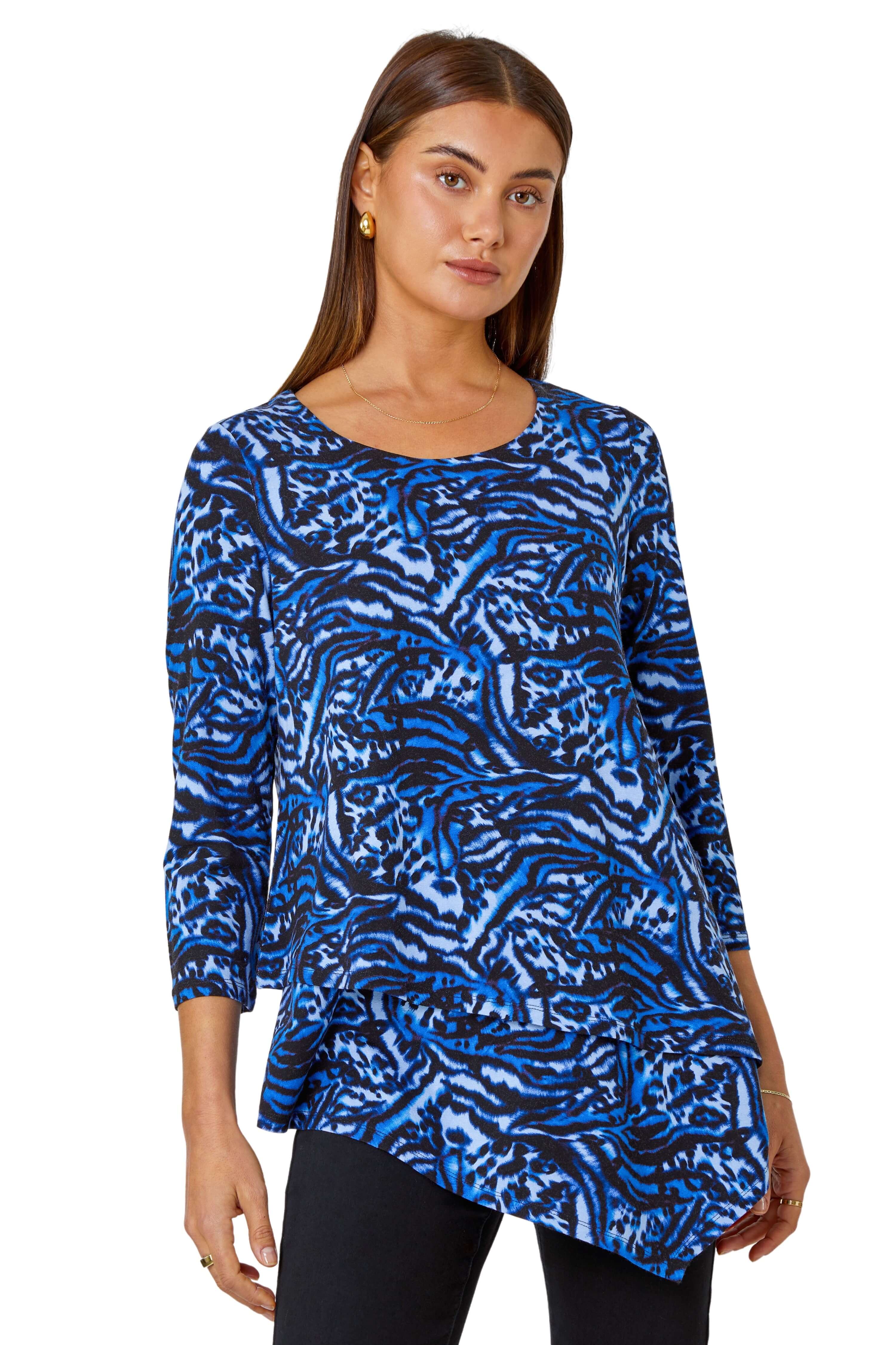 Roman Womens Animal Asymmetric Layer Stretch Top - Blue Viscose - Size 12 UK