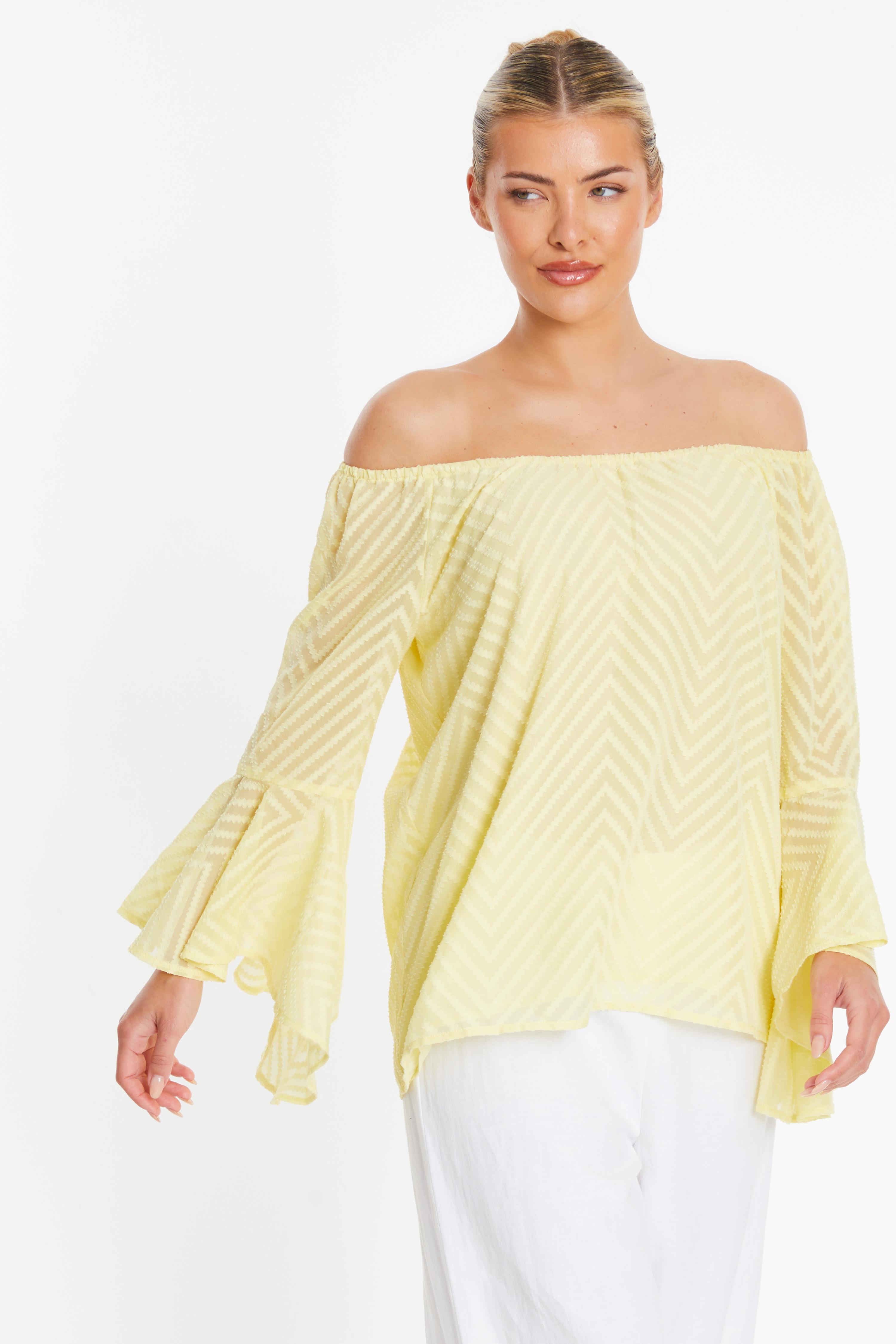 Quiz Womens Lemon Textured Chiffon Bardot Top - Yellow - Size 14 UK